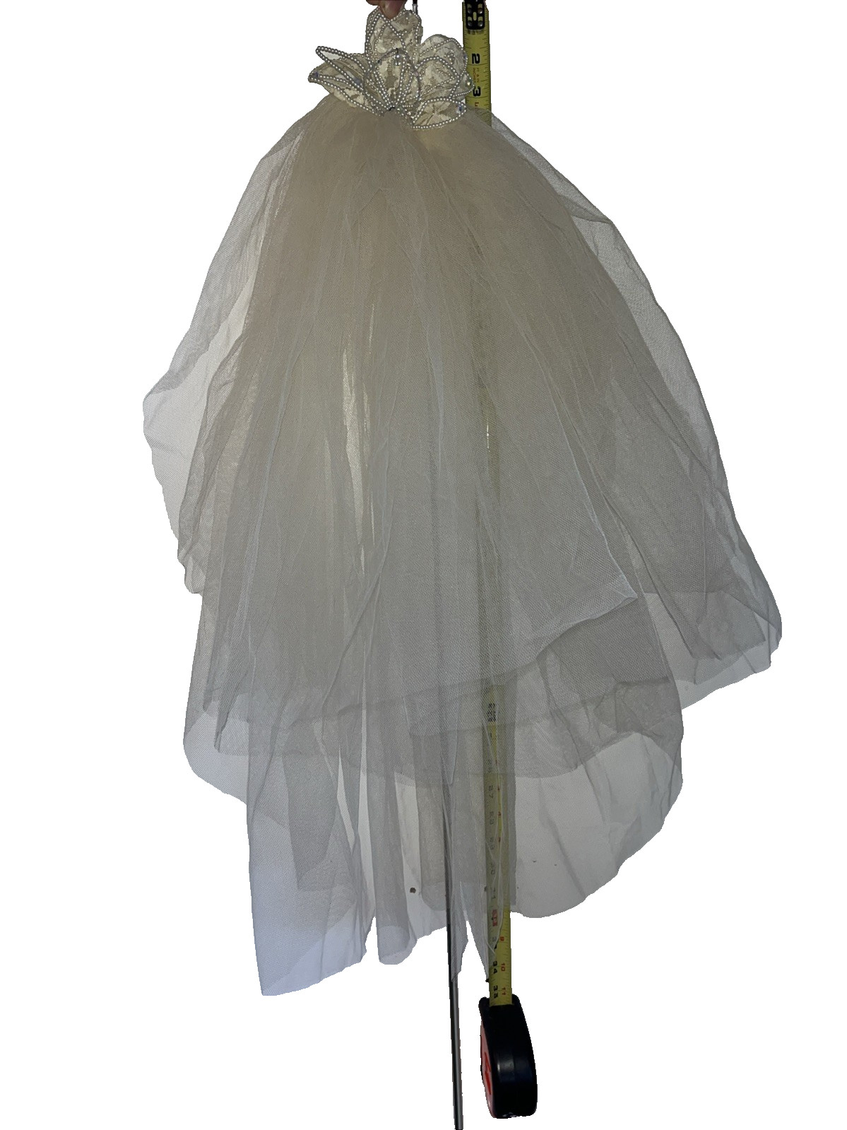 Vintage Wedding Crown Veil Lovely Pearl Lace Beaded Head Piece Off White Tulle