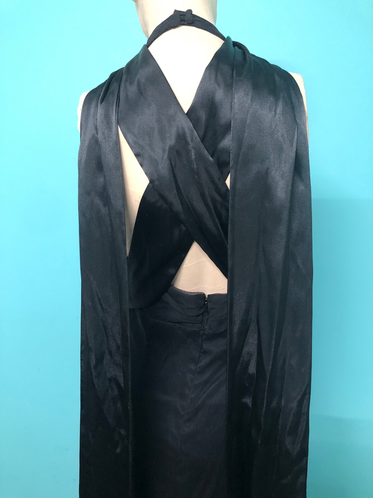 VTG Y2K WATTERS/WATTERS Black Halter Chiffon Satin Mermaid Evening Formal Gown~8