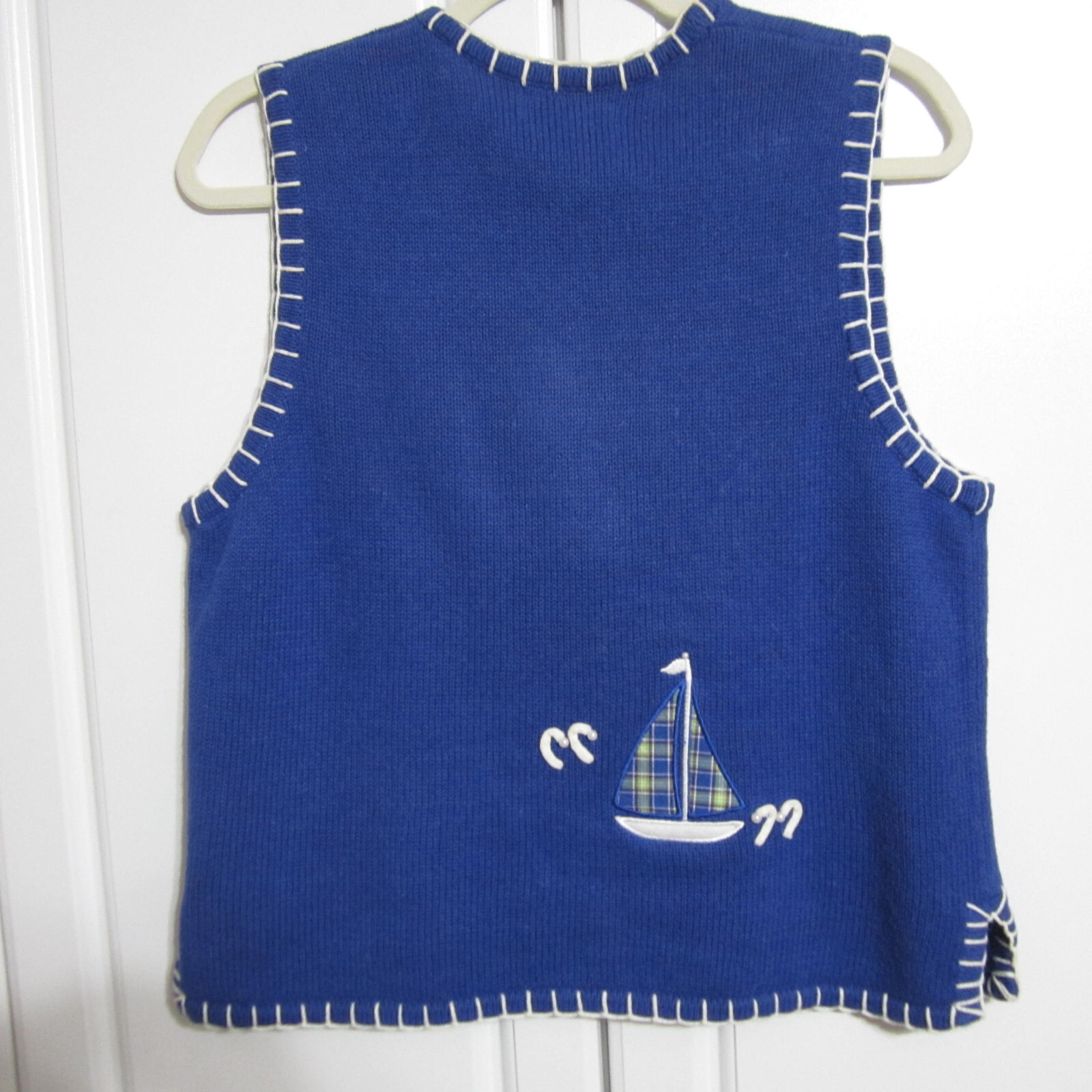 Vintage Mandal Bay Knit Vest Size S/P Blue with Plaid Sailboats & Beaded Detail