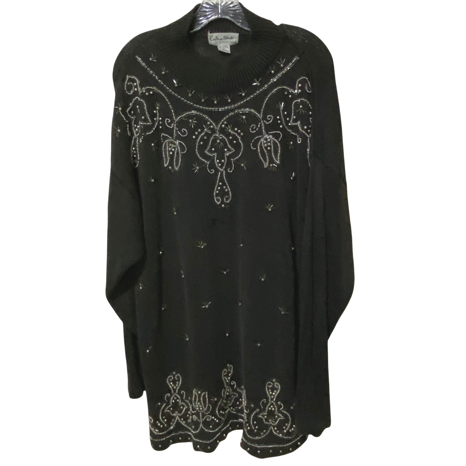 Vtg 90s Beaded Womens Mock Neck Sweater 3X Dark Gray Boho Artisan Project Piece