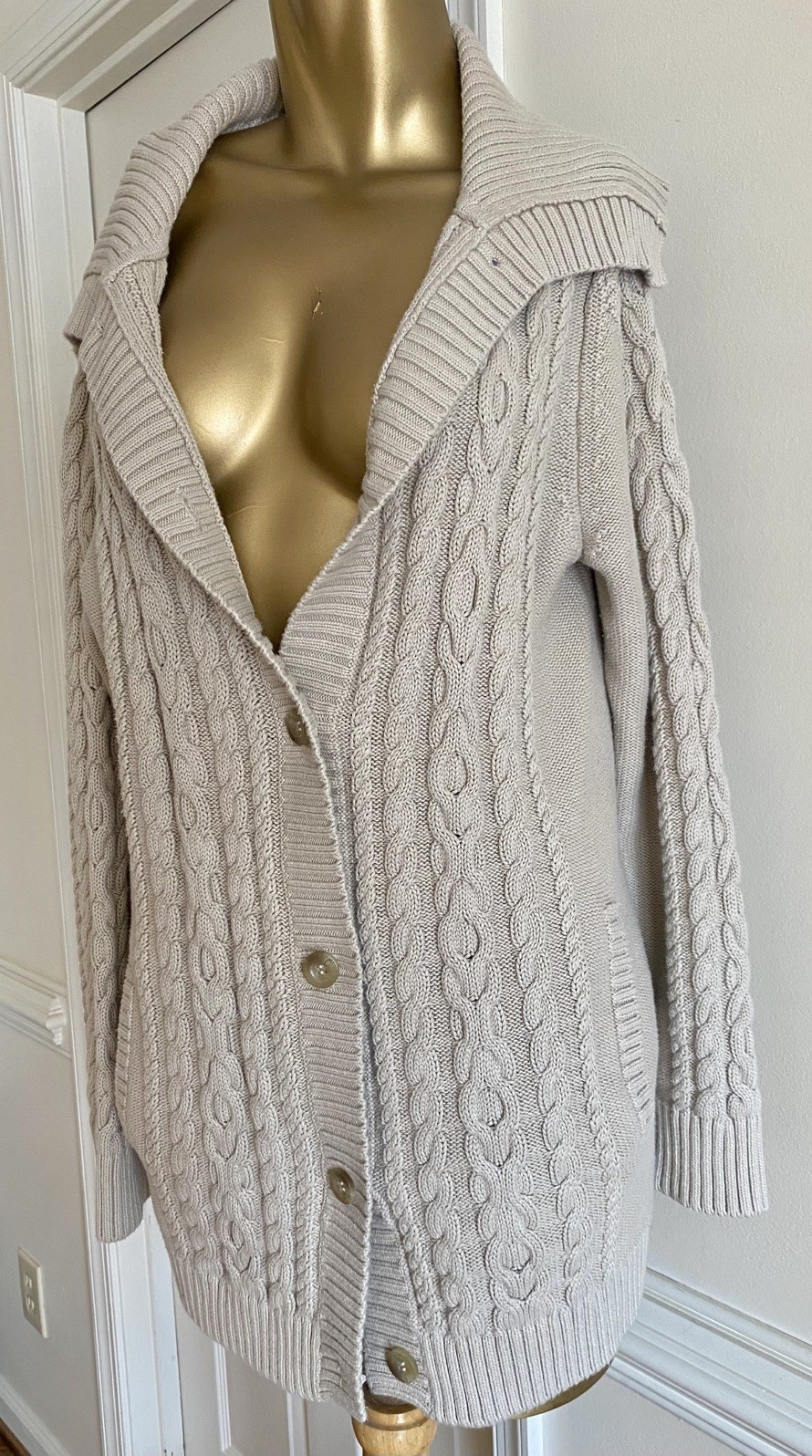 LL Bean Fisherman Cable Knit Cotton Cardigan Sweater Cottagecore Coastal Size L