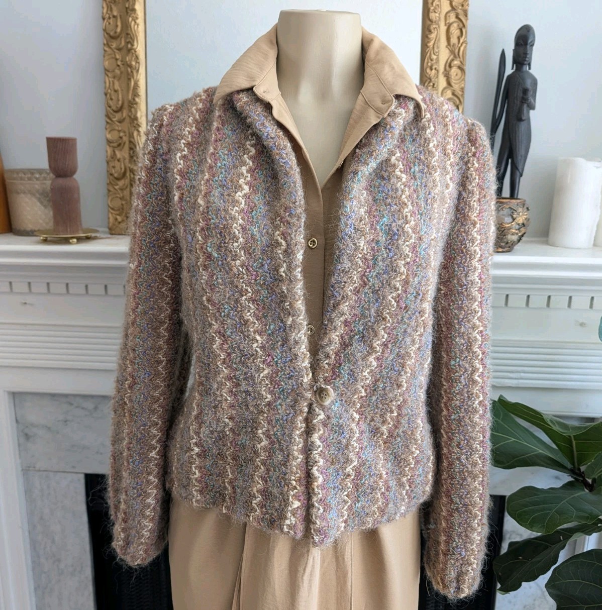 Vintage 80s Donnkenny Textured Bouclé Blazer Sz 14 Tan Striped Jacket Lambswool
