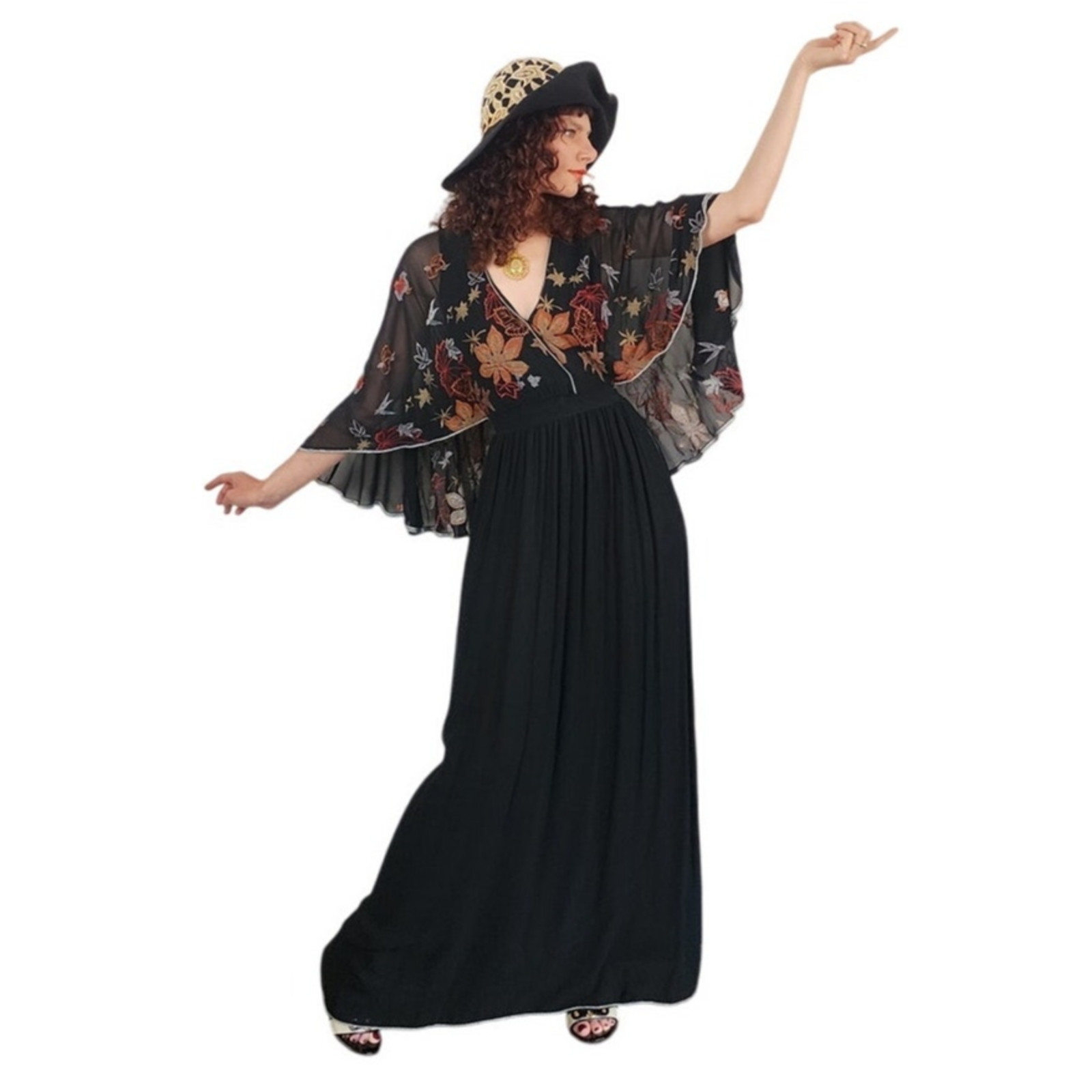 Vintage 1970s Janice Wainwright Maxi Dress Embroidered Butterfly Sleeves Capelet