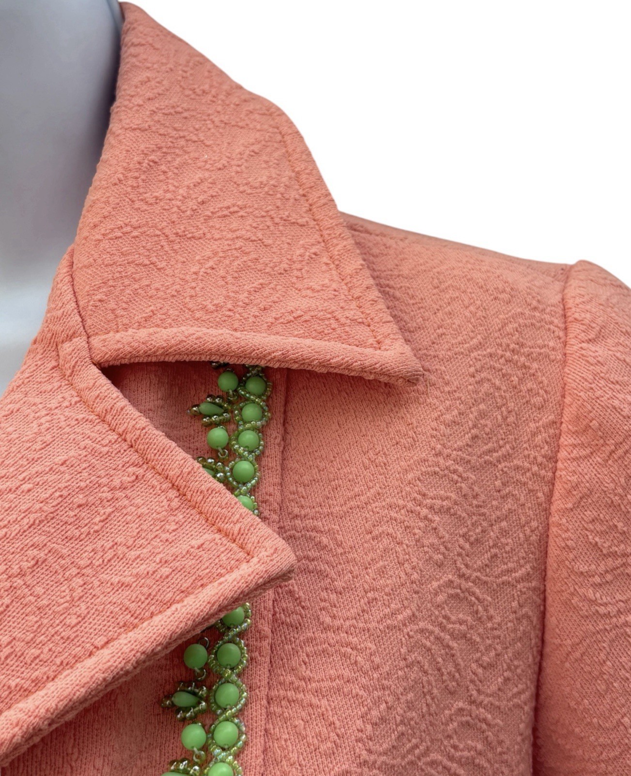 Vintage 70s Coral Beaded Jacket, Mrs Roper Style Polyester Knit Top S/M