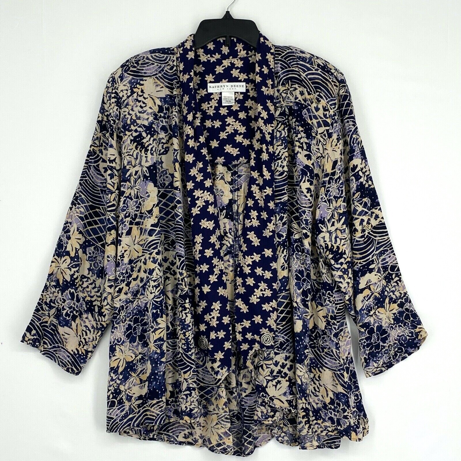 Kathryn Deene Women 14 16 Blazer Jacket Navy Beige Floral 100% Rayon USA Vintage