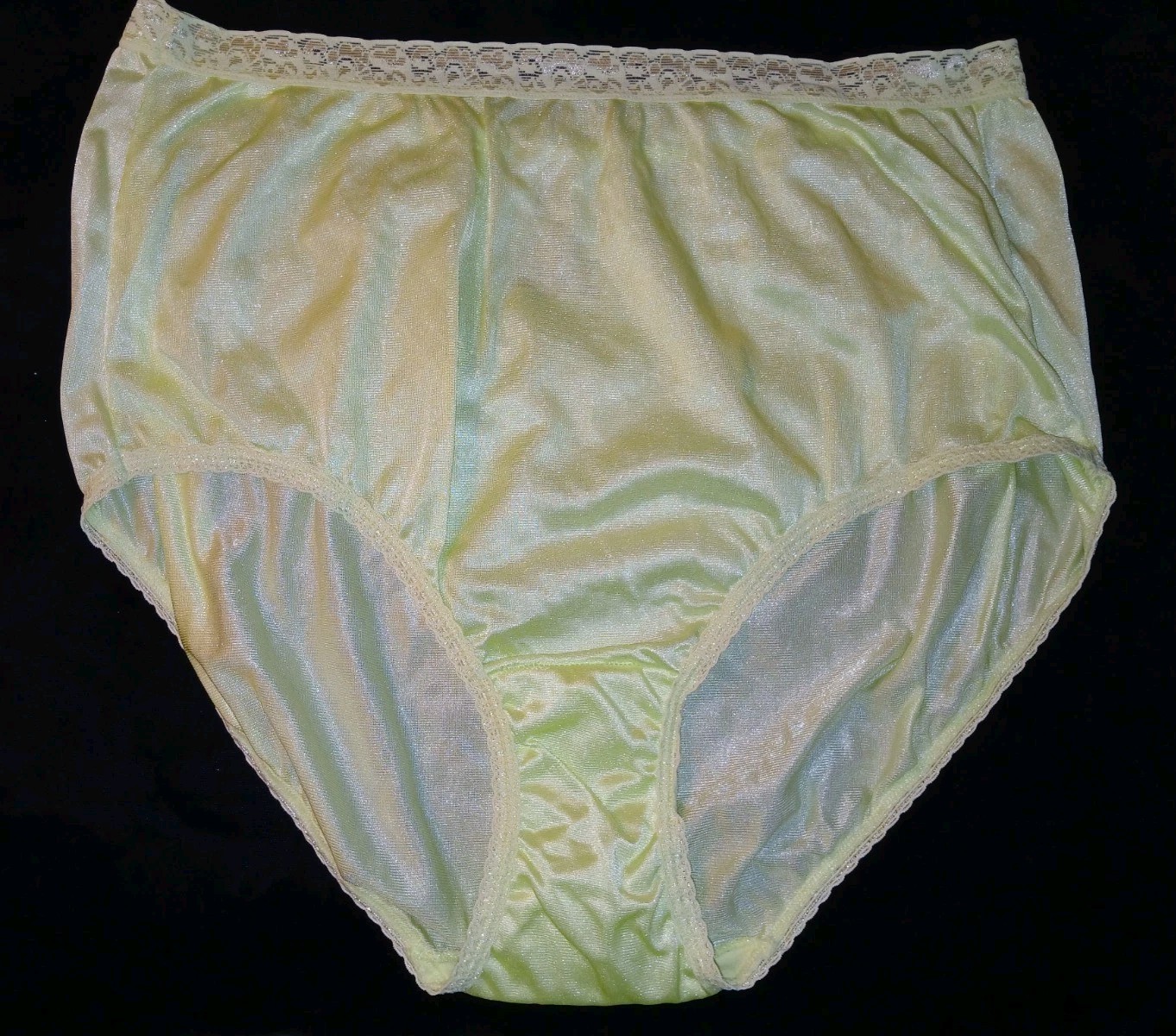 Vintage Lime Green Satin Nylon Silky Floral Lace Granny Brief Panties 10 XL EUC