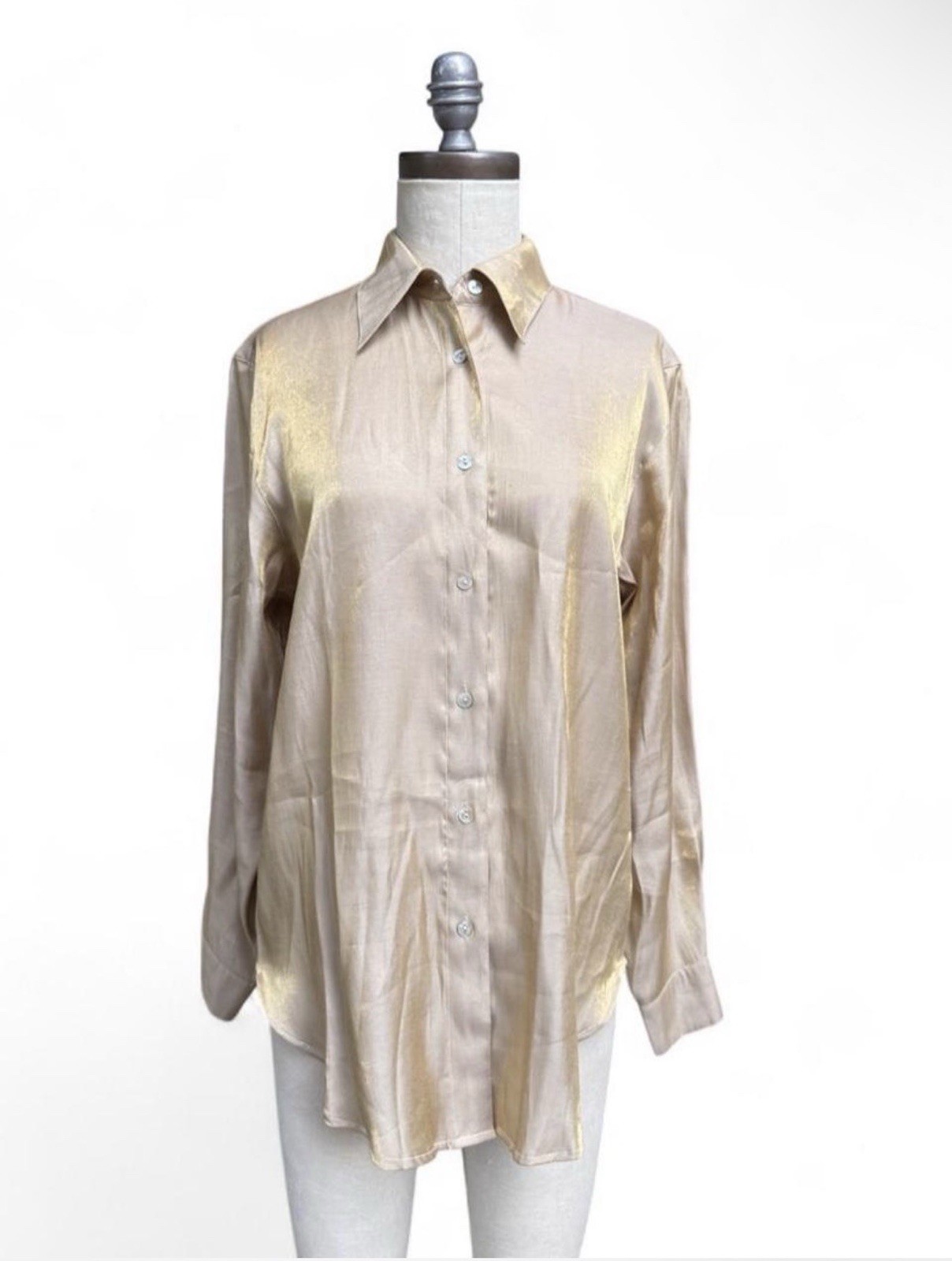 Vintage Gold Iredescent Button Up Long Sleeve Blouse Point Collar S Medium 80’s