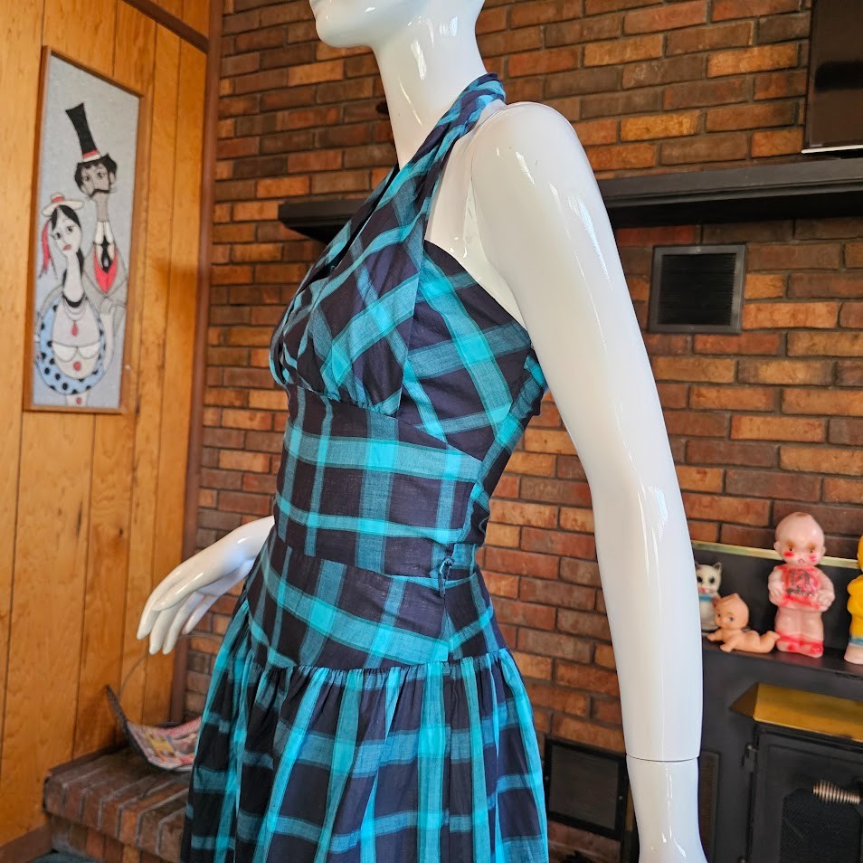 Vtg 1950s Shelf Bust Halter Windowpane Plaid Rockabilly Sundress Day Dress XS/S