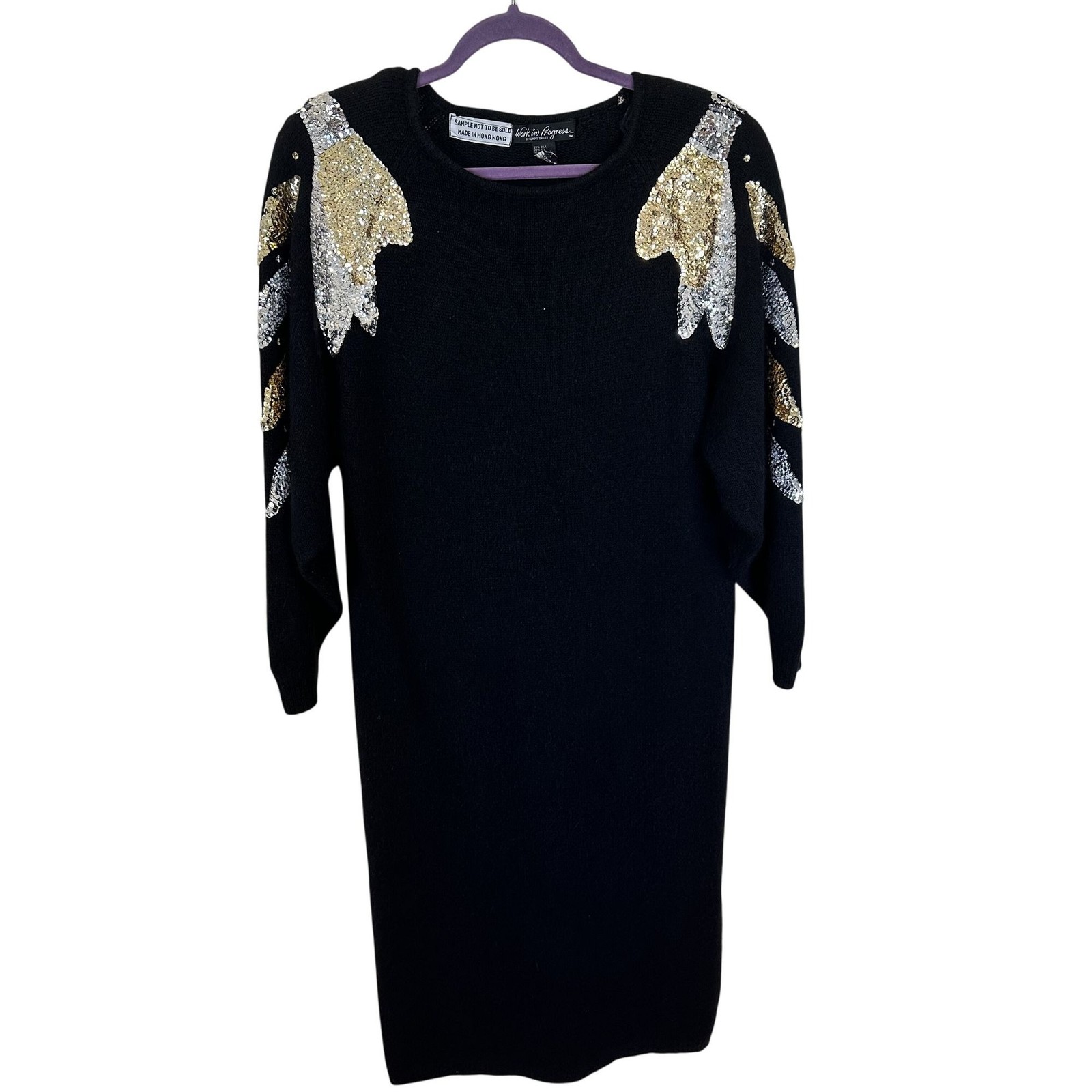 Vtg Black Sequin Embellished Sweater Dress By Gladys Bagley Womens 90s Silk
