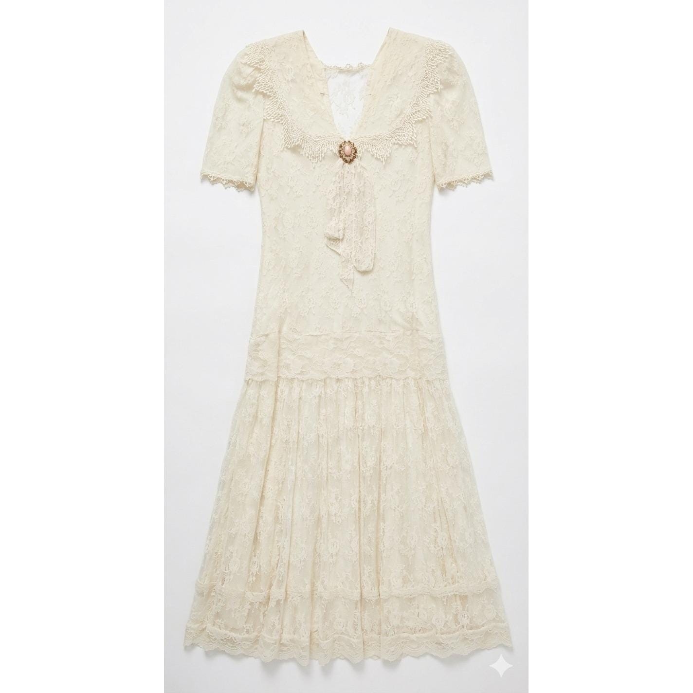 Scott McClintock Vtg 1980s Cream Lace Midi Dress Victorian Romantic Sz 8 Wedding