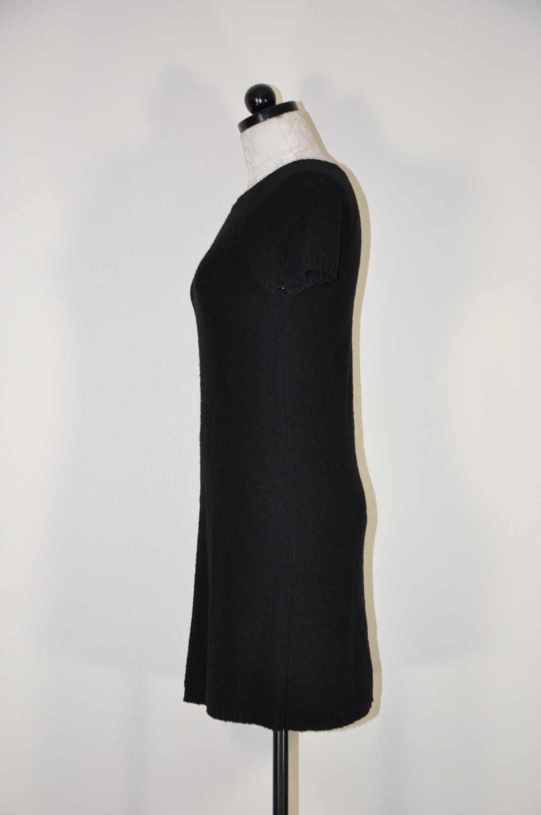 90s Vintage DKNY Black Wool Mohair Short Sleeve Knit Sweater Mini Dress Women S