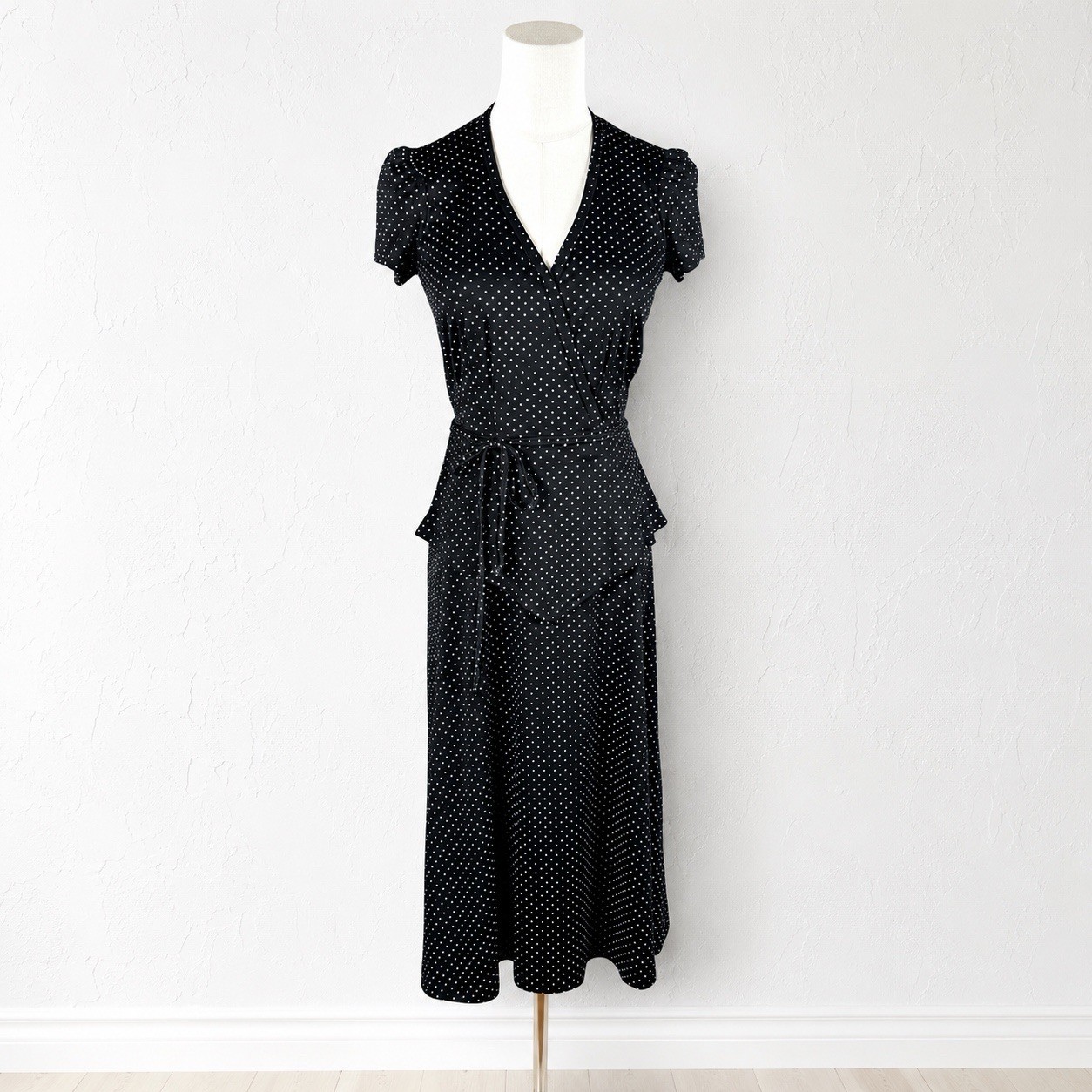 Vintage 70’s Polka Dot Peplum Dress Parisian Chic French Girl Dark Academia Sz S