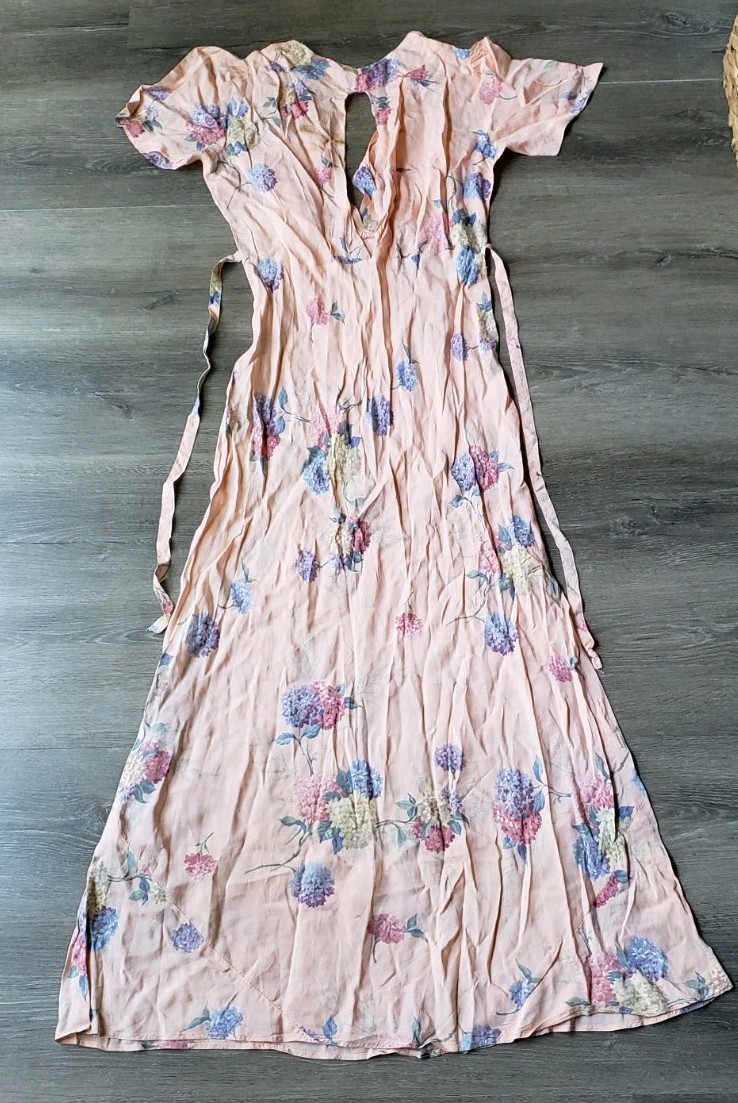 VTG 30s Peach Floral Print Bias Cut Dress Gown Sz XS/S? Art Deco DAMAGE STAINS