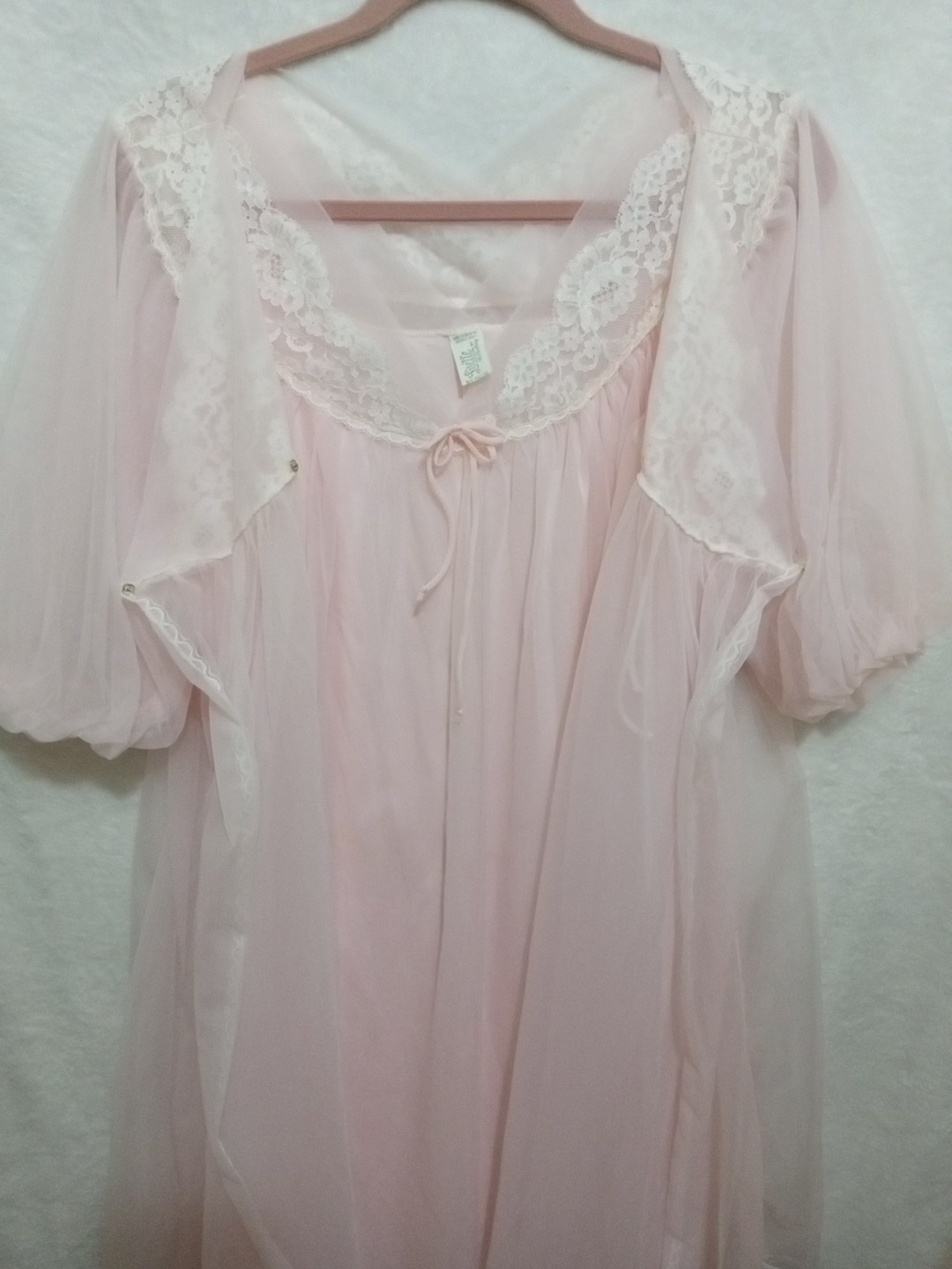 Vintage Ballet Pink Sheer Piegnoir Set Nightgown Robe Lace Trim Medium 1960s