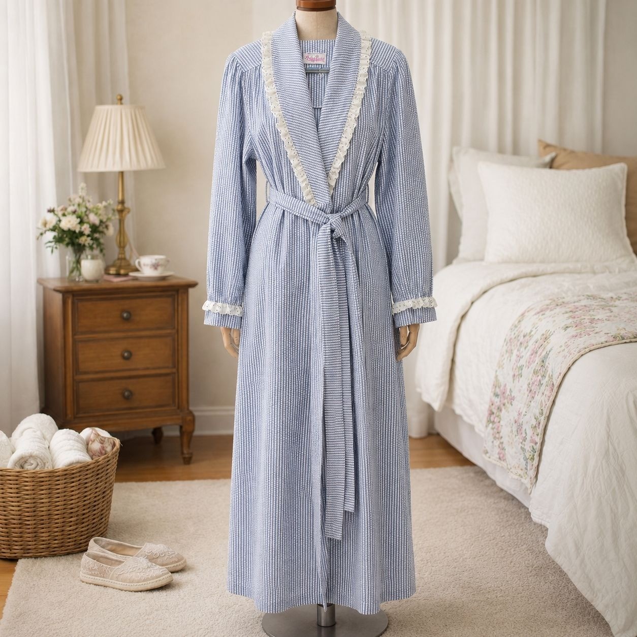 Evelyn Pearson Blue White Striped Long Womens Robe Sz Med Belted Ruffle Trim VTG