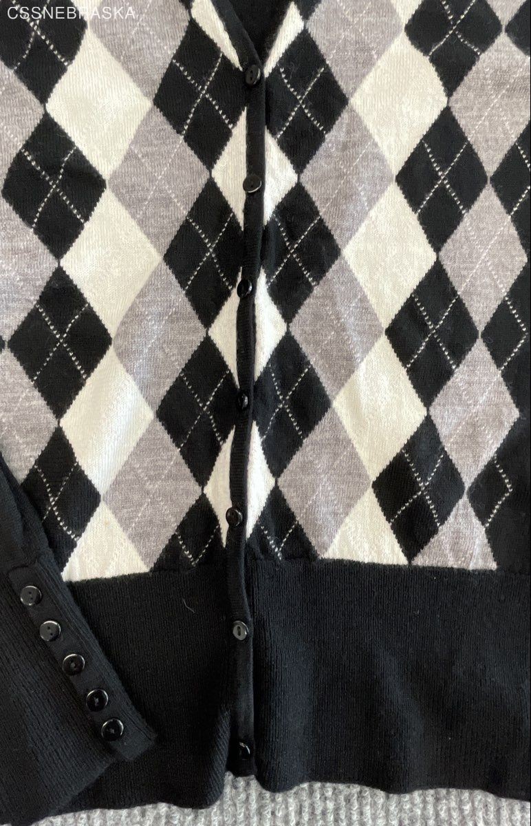 Tweeds Women’s Black Argyle Cardigan Sweater 100% Merino Wool Vintage 90s Sz M