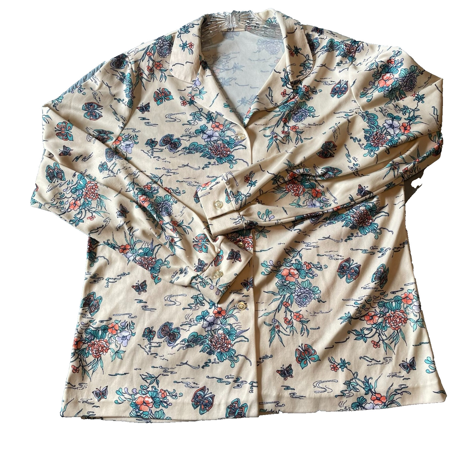 VTG Groovy 70s Polyester Button Down Shirt Butterflies Flowers disco hippie