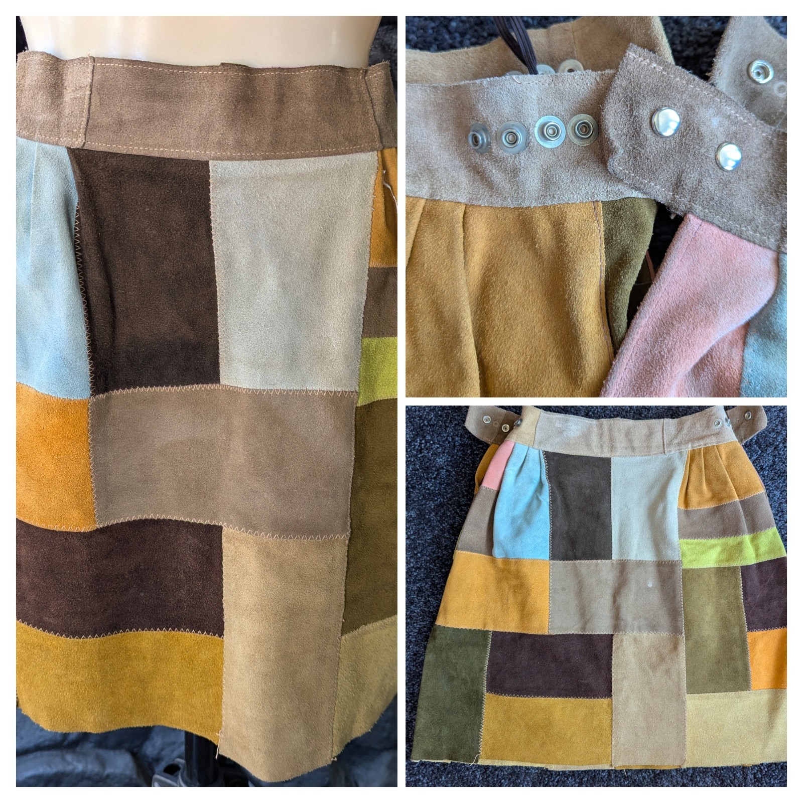 Vintage 1970s Leather Suede Multi-color Patchwork Mini Skirt Sz S Snap Closure