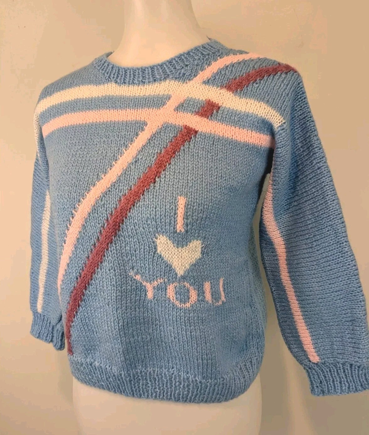 Vtg Handmade Wool Sweater I Love You OOAK Jrs Womens XS S Petite Blue Handknit