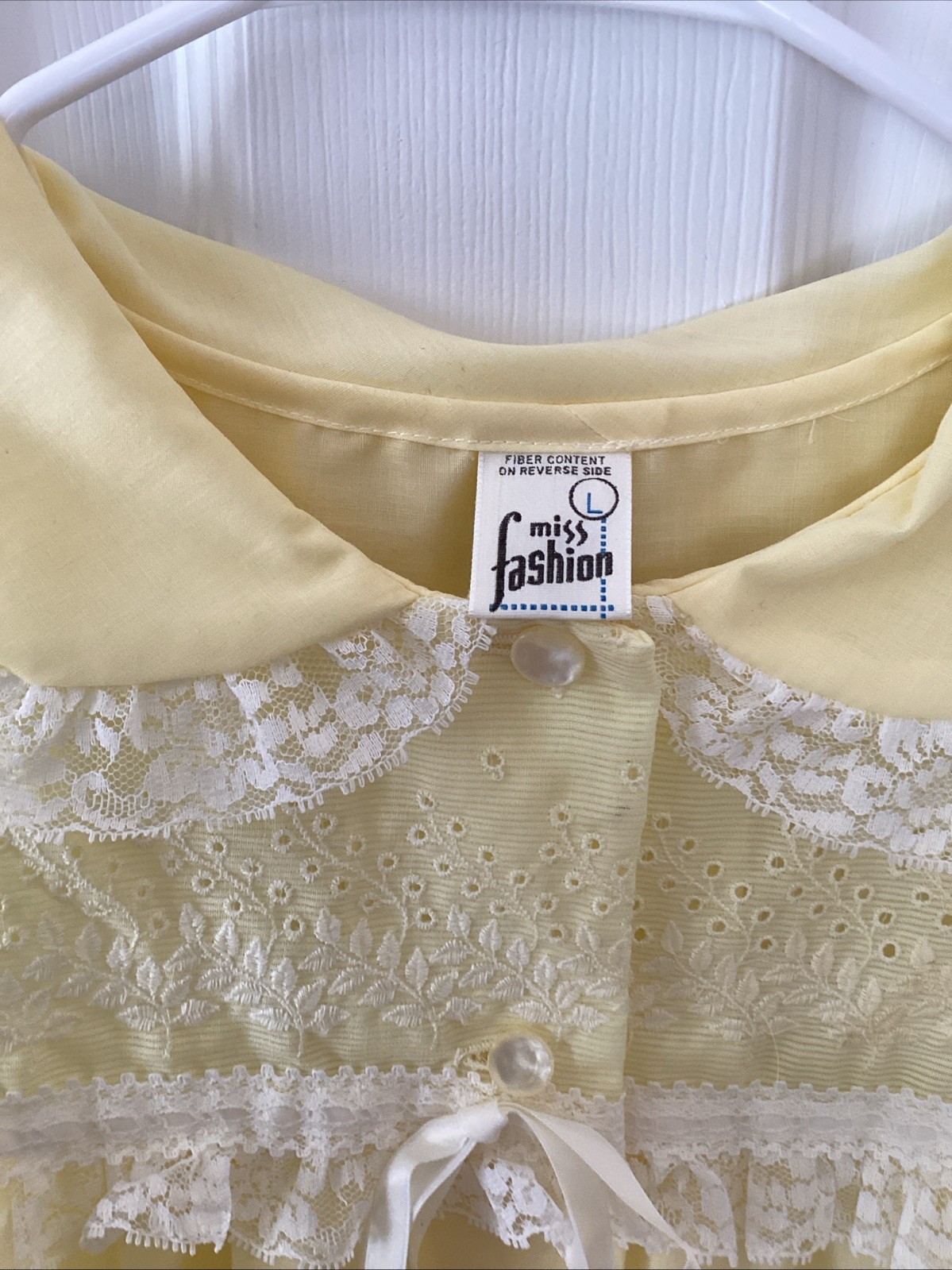 VTG Miss Fashion House Dress Yellow Lace L Peter Pan Collar Union Made USA