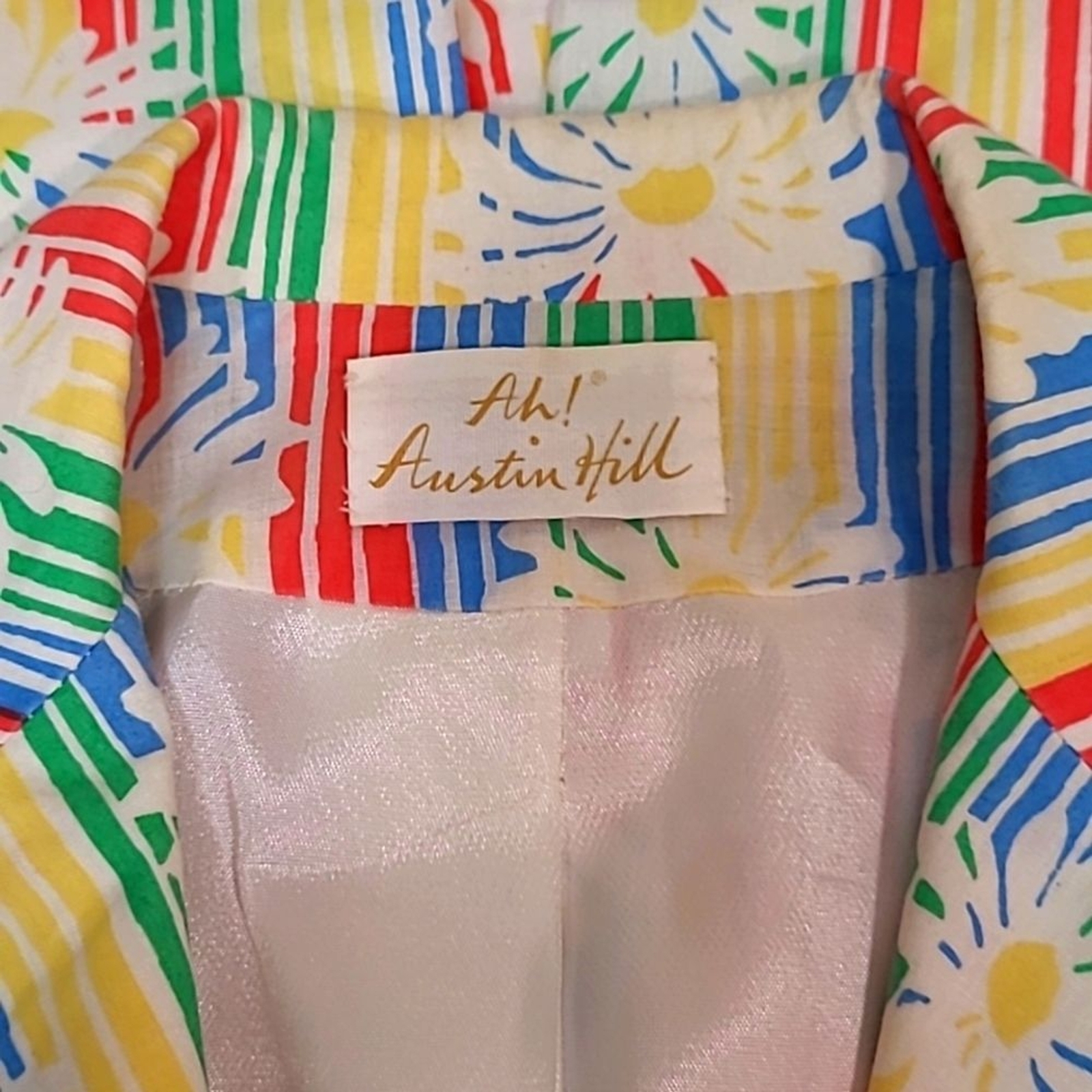 1970s Ah! Austin Hill Blazer Jacket Rainbow Stripes & Daisies Print 10 Pride Mod