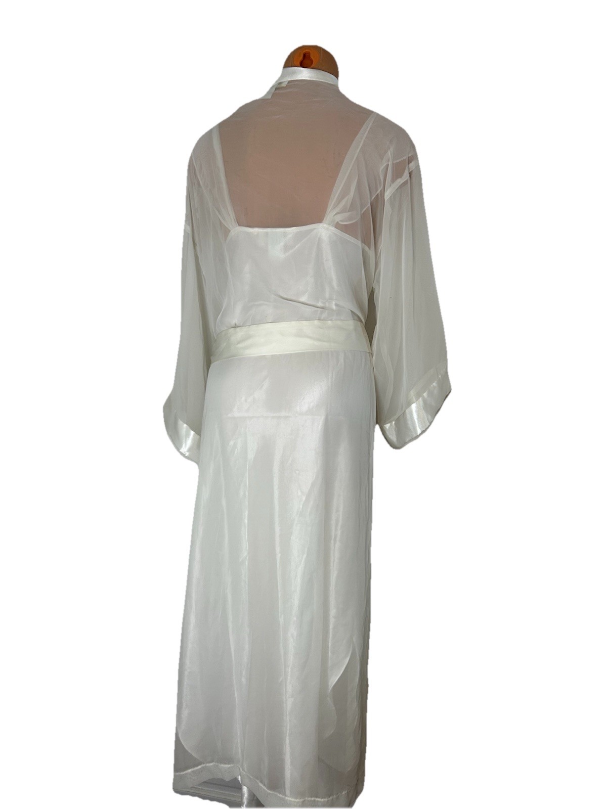 Vtg 90s 2 pc Dentelle White Satin Chiffon Lace Pearls Bridal Nightgown Sz L