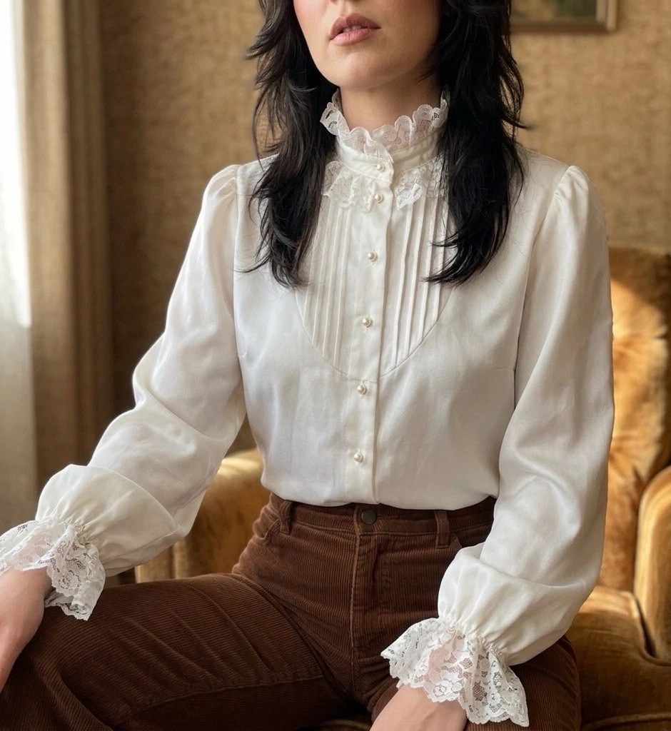 Vintage Ivory Satin L’amour Ruffle Blouse Regency Revival Late 1960s Early 1970s