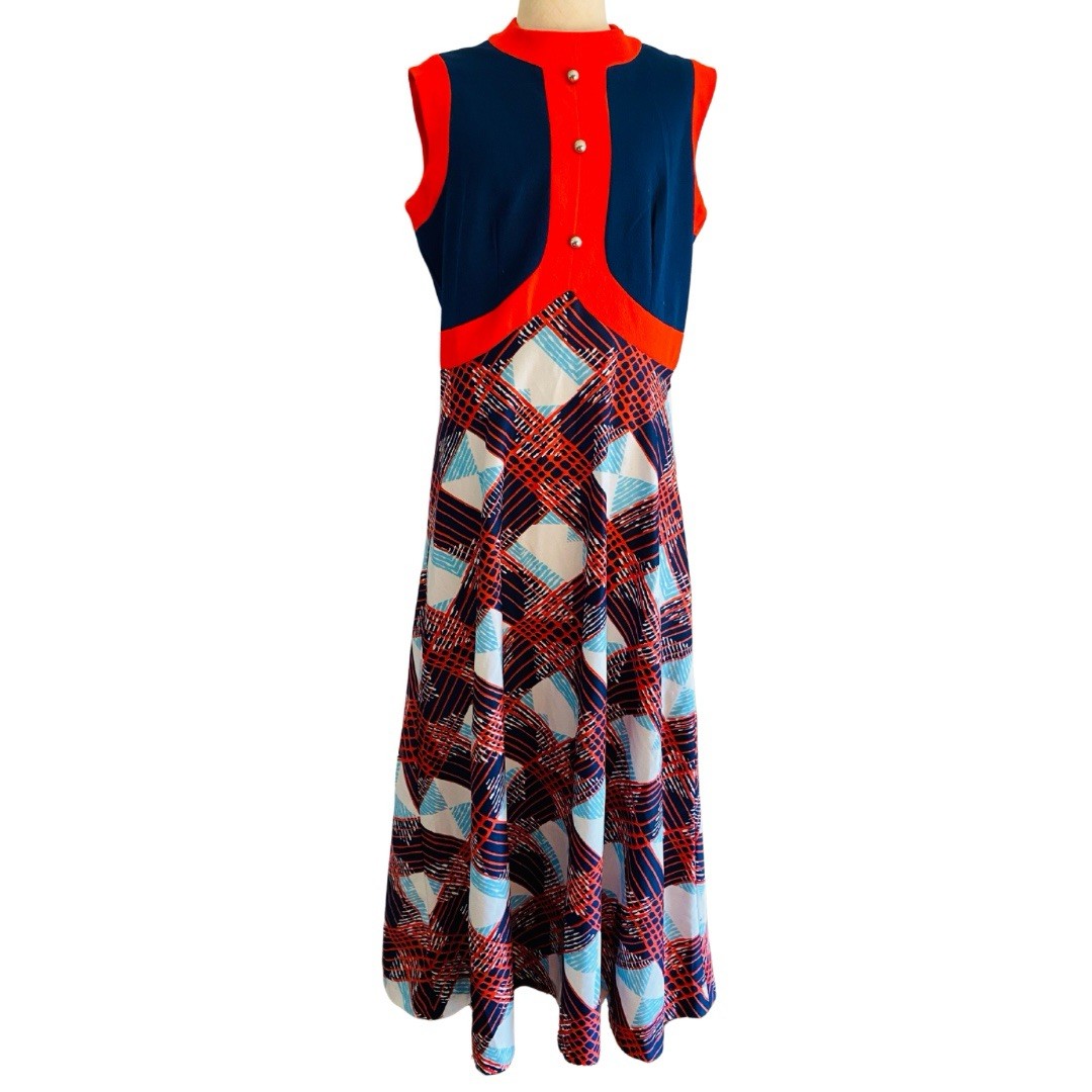 vintage 60s 70s mod dress maxi plaid pattern red white blue sleeveless