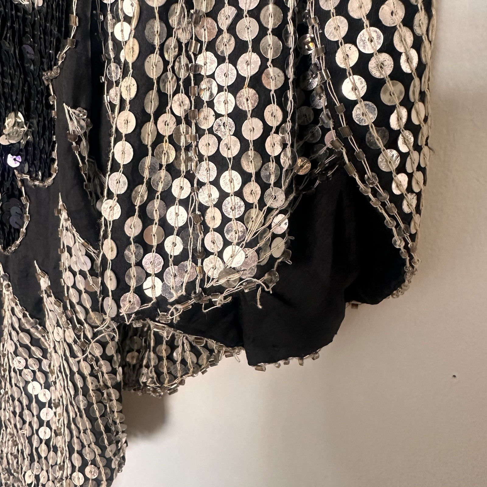 Vintage Beaded Silk Sequin Silver and Black Butterfly Top 70s Disco