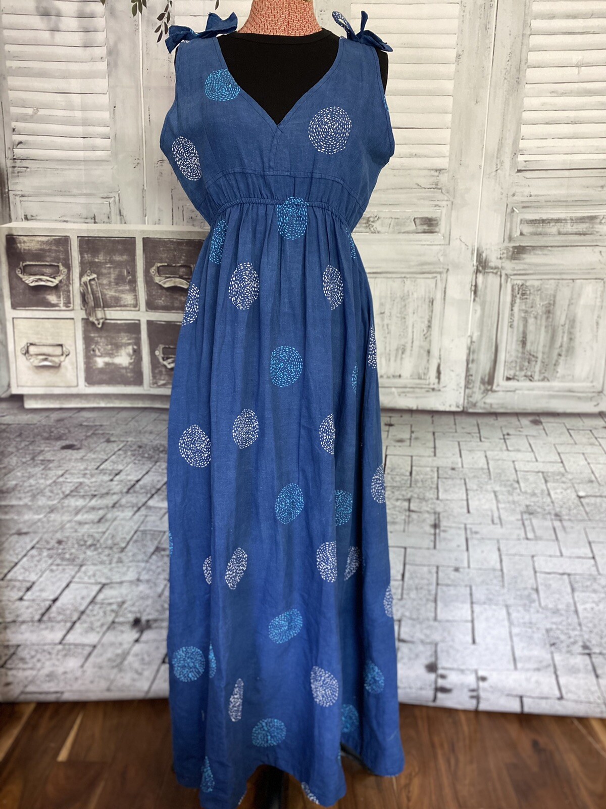 HANDMADE INDIGO KANTHA/SASHIKO EMBROIDERY GEOMETRIC MAXI DRESS SKILLED ARTISANS