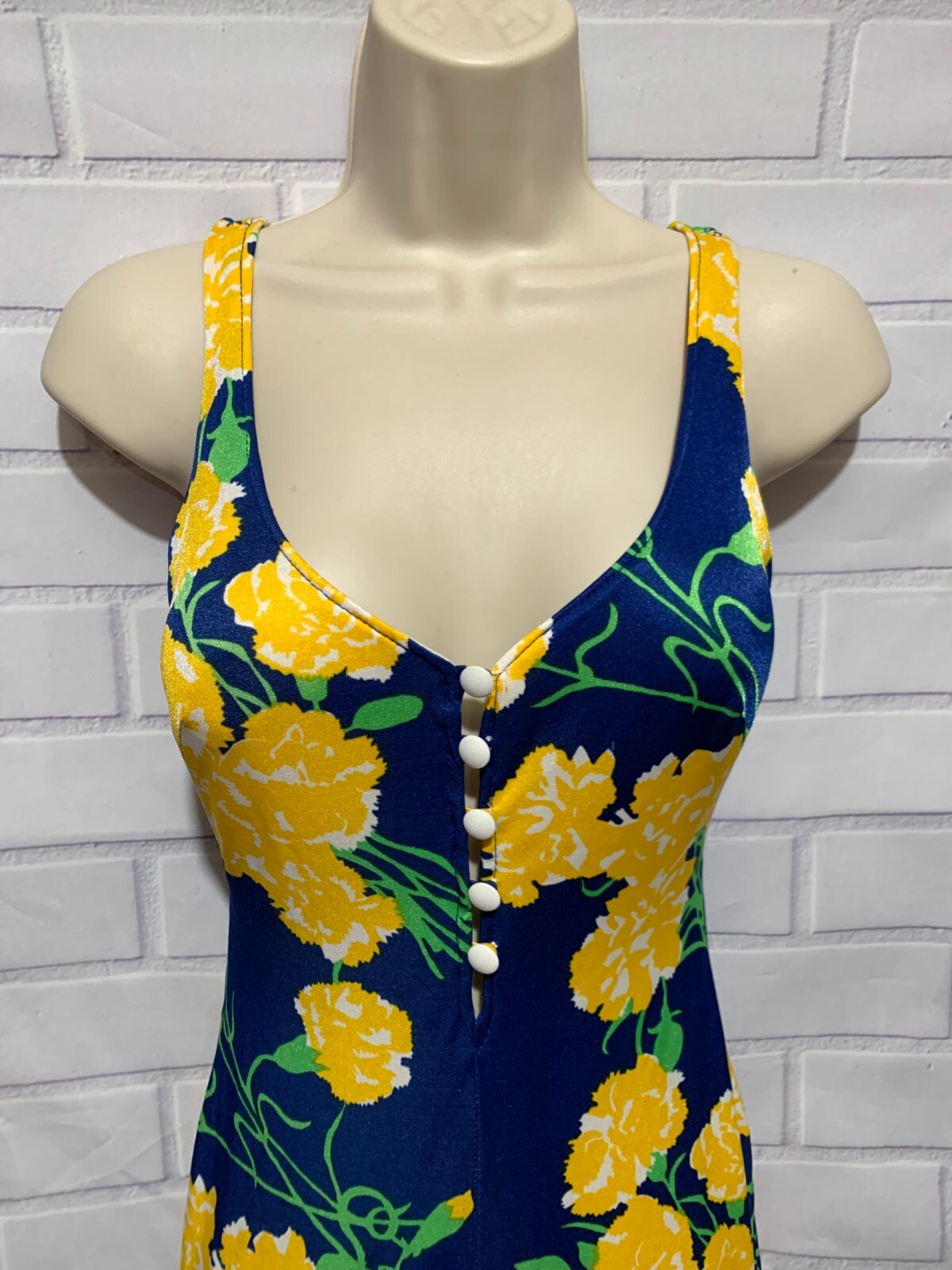 Vintage 70s Maxine of Hollywood Sz 12/34 Blue Yellow Floral Pinup Swimsuit Flaws