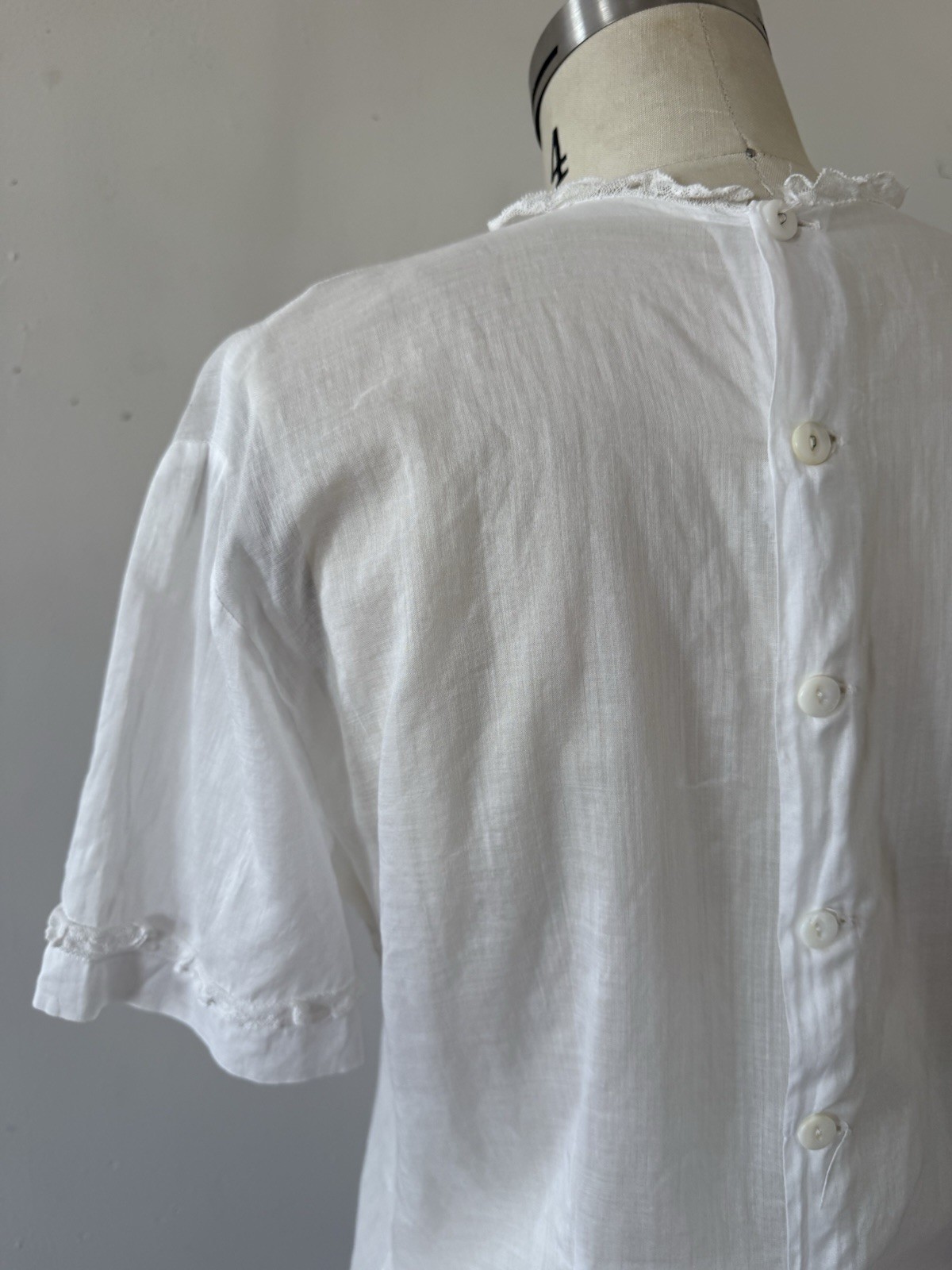 Antique Edwardian 1910s Sheer While Cotton Voile Blouse Embroidered Lace Panels