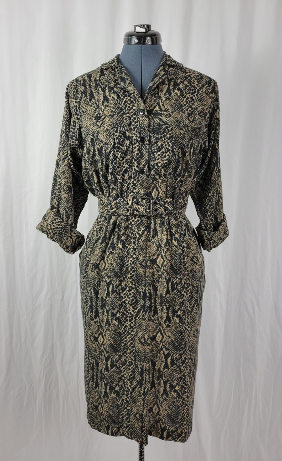 Vintage Taurus II Brown & Black Snakeskin Print Dress & Matching Belt Size 10