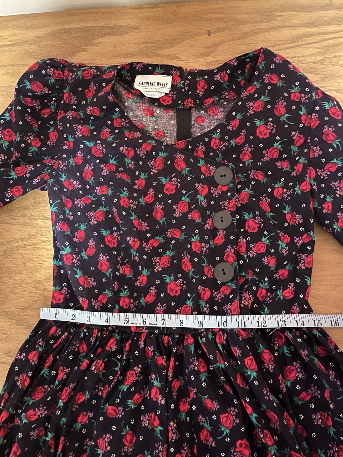80s Caroline Wells Vintage Floral Midi Dress with Shoulder Pads, tag size 12