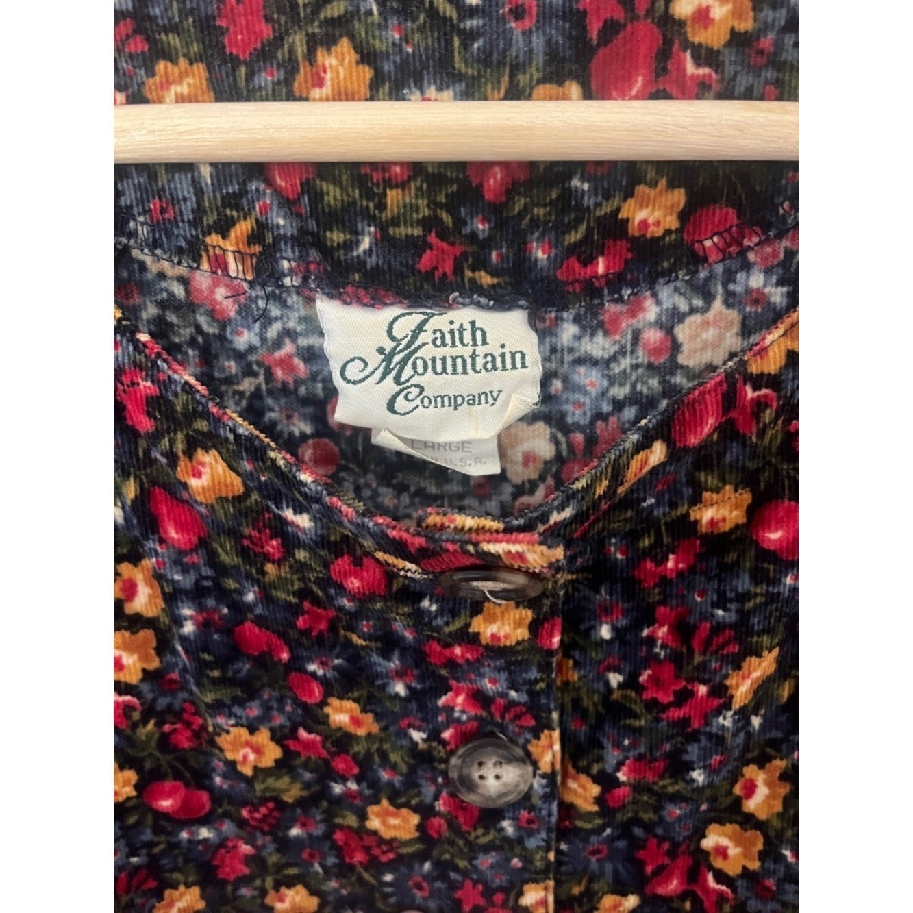 Vtg Country Trad Wife Floral Maxi Dress Large Long Sleeve Corduroy Cotton