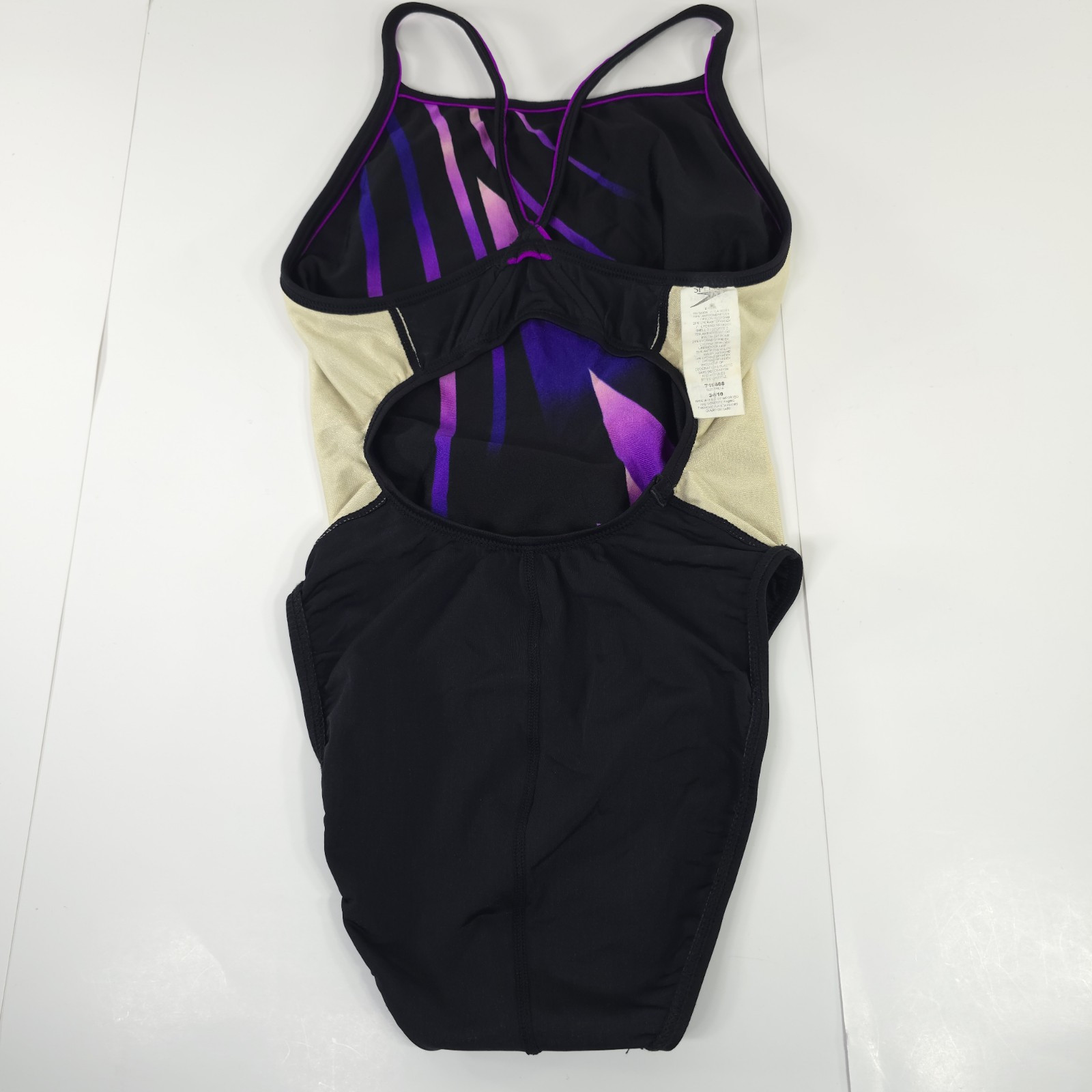 VINTAGE SPEEDO SWIMSUIT WOMENS SIZE 34 / 10 BLACK PINK PURPLE WIRE FREE UNPADDED