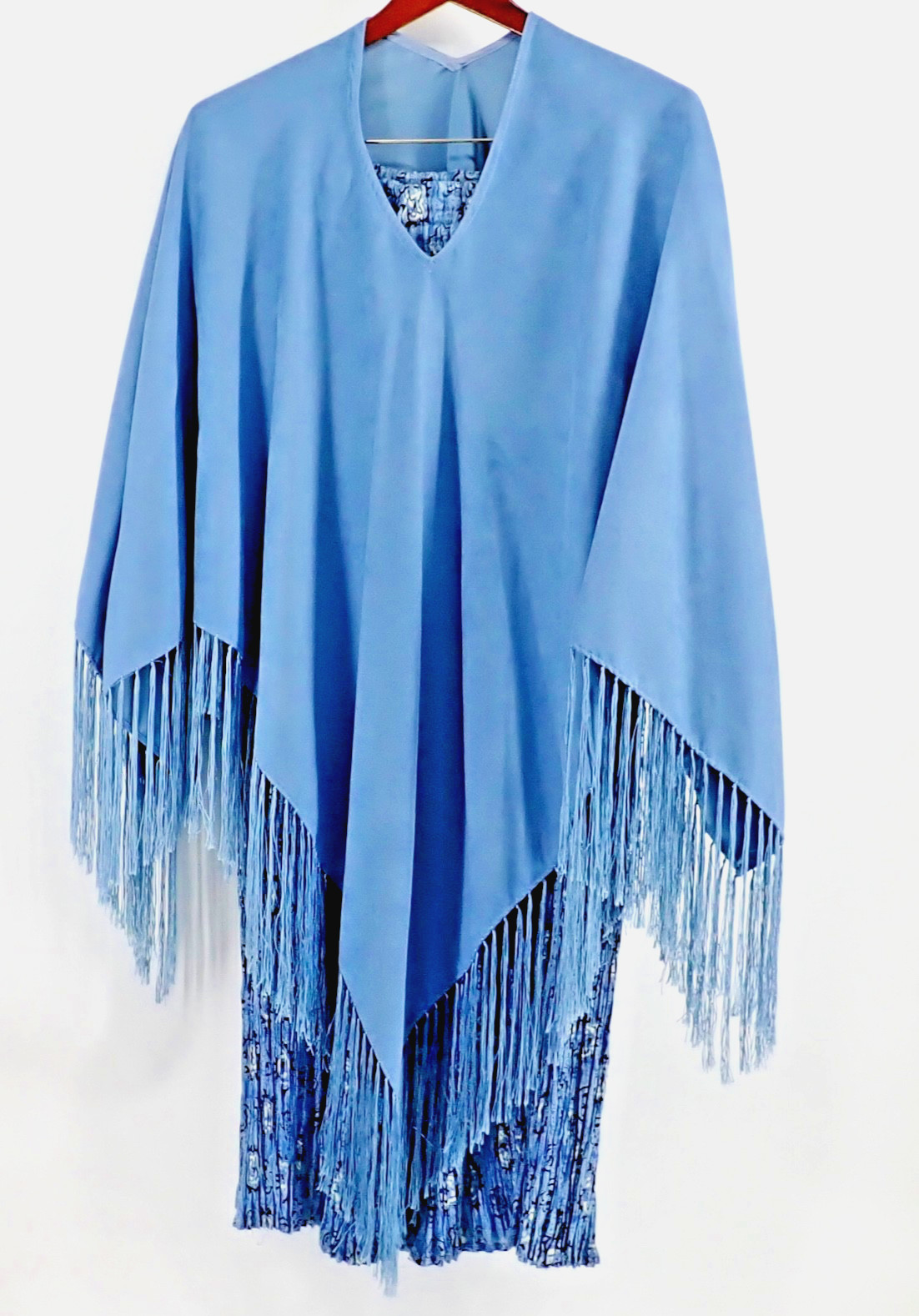 Suede Fringed Blue Western Shawl & Pleated Floral Skirt Set One Size Fits All