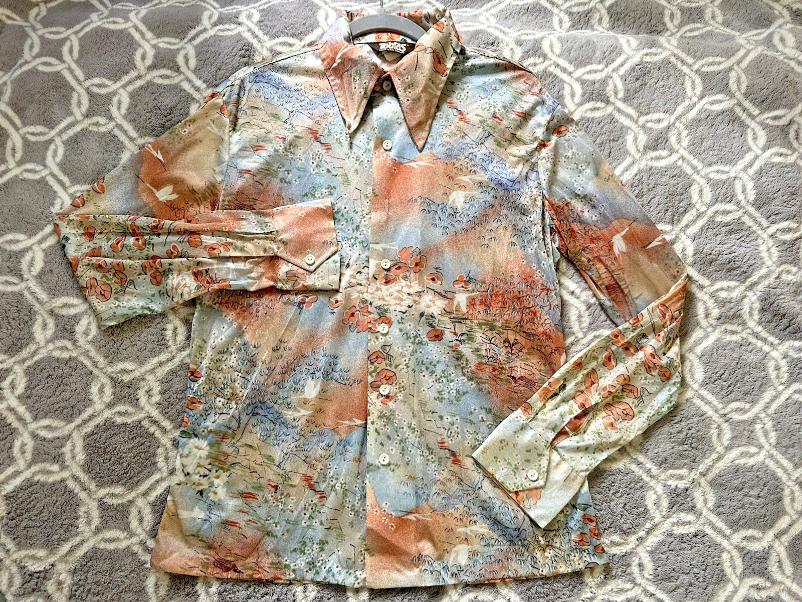 1970s Rainbow Floral & Birds Disco Saturday Night Fever Shirt Size L