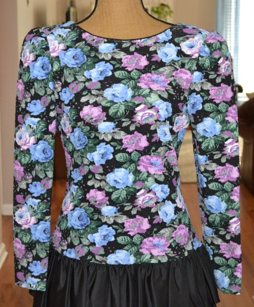 Huey Waltzer for Darcy Vintage floral pucker Ruffle Long sleeve Dress 11/12 USA