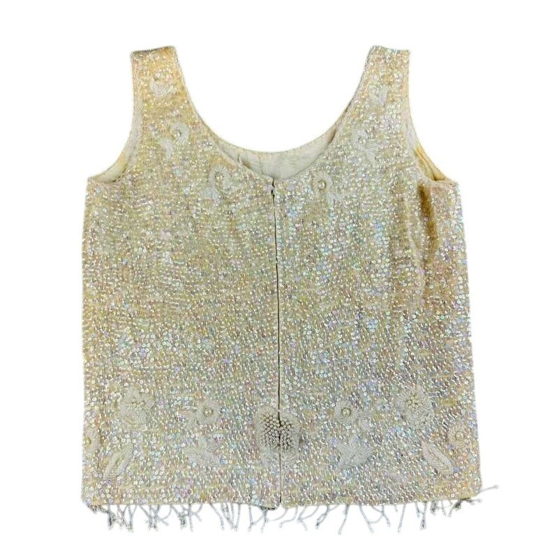 Vintage Hand Full Fashioned Top Women S Beige Beaded Floral Virgin Wool HongKong