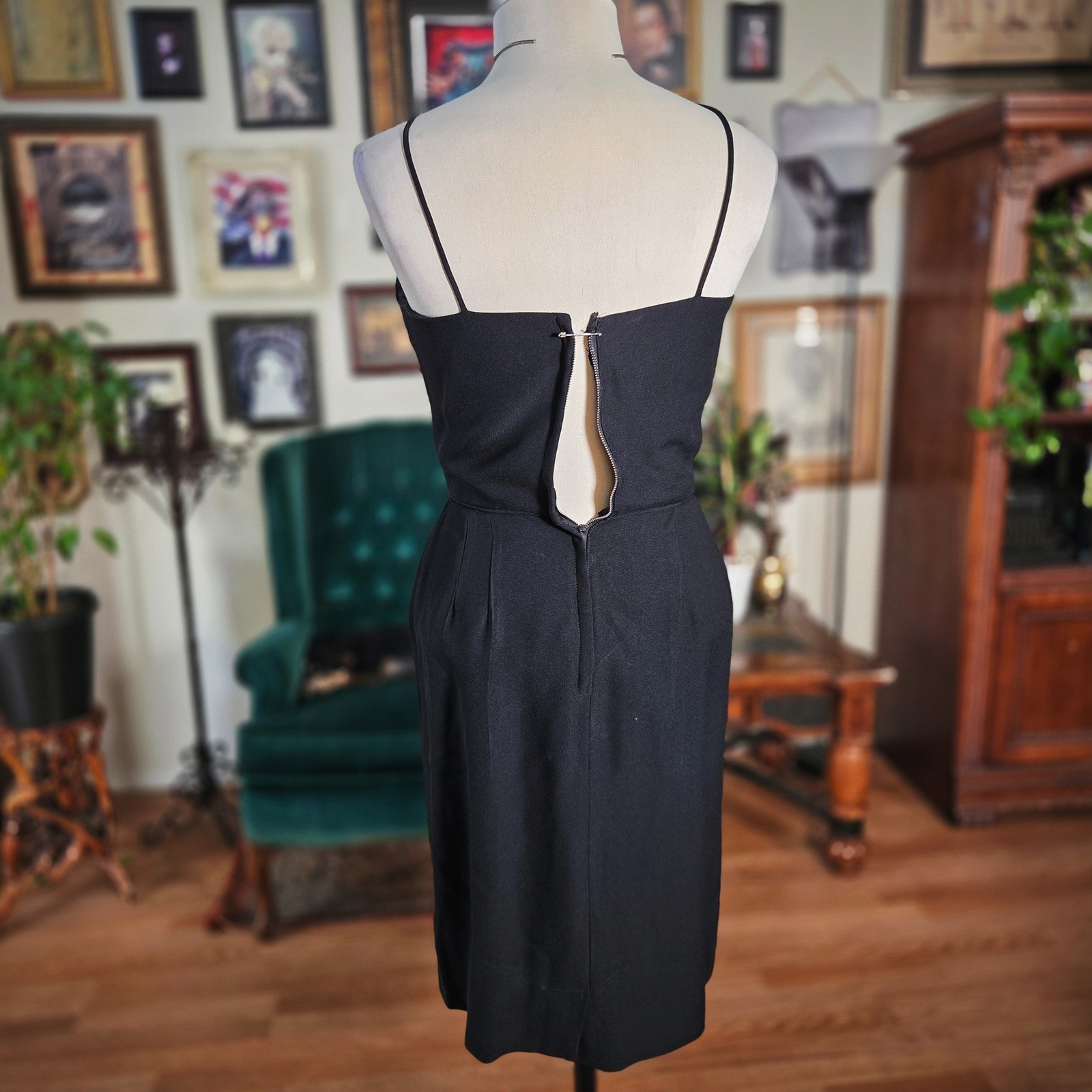 Vintage 50s Black Wiggle Dress Pinup Spaghetti Strap Classic Mid Century