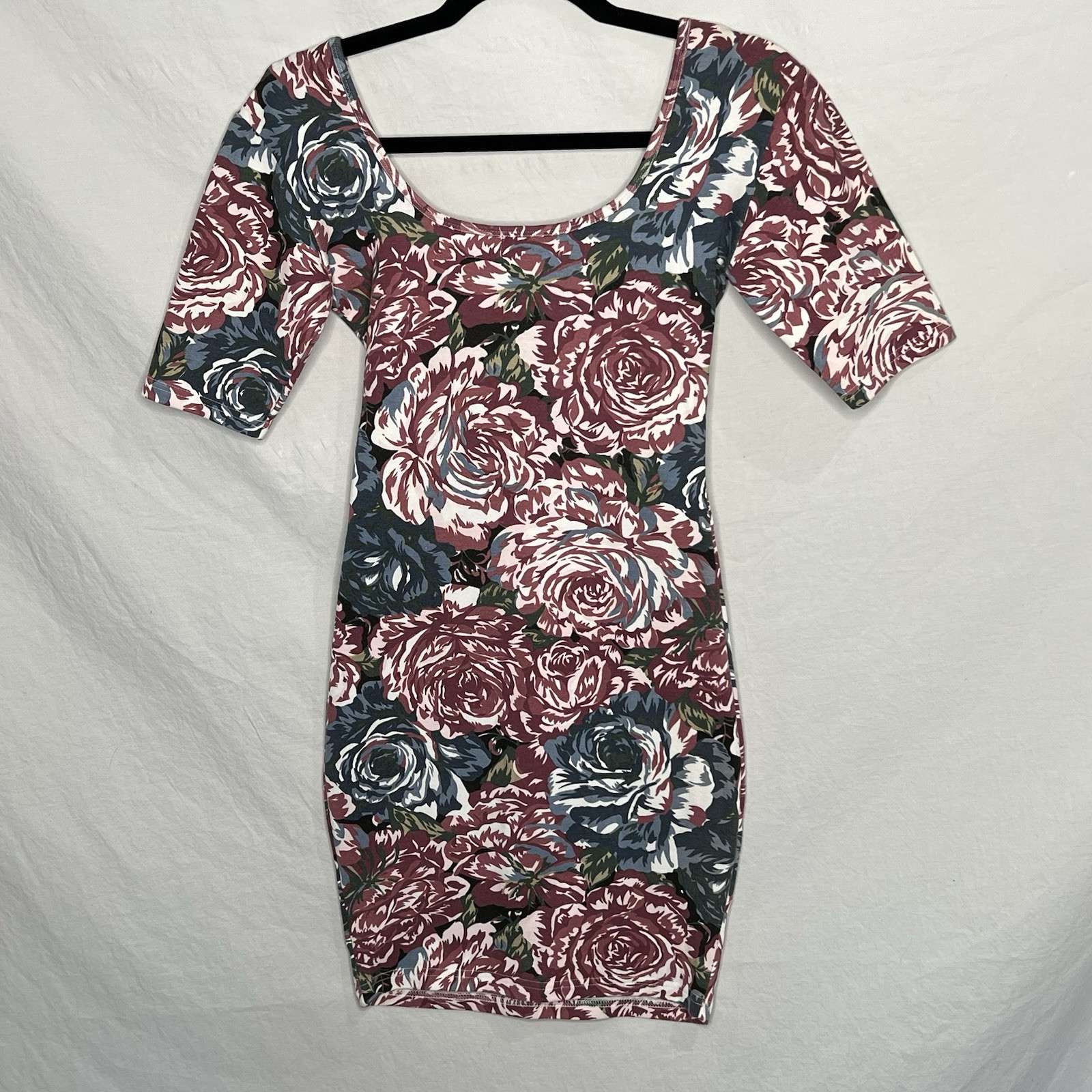 Vintage Express Tricot 90s Mini Bodycon Dress Floral Print Stretch Sz S Moody