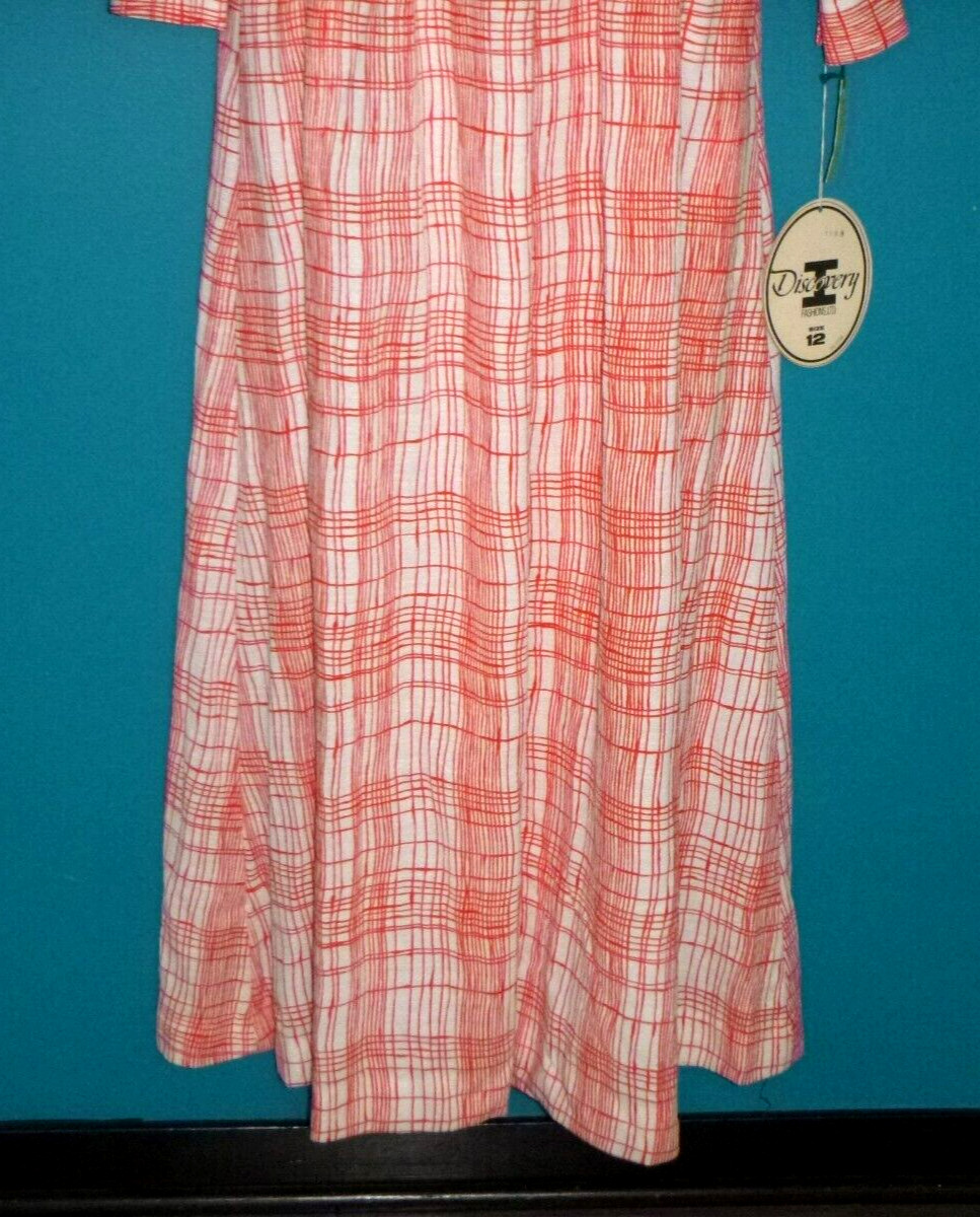 NWT Vtg 70s Discovery I Red White Plaid Poly Maxi Dress W/ WIDE Belt Sz 12 NOS