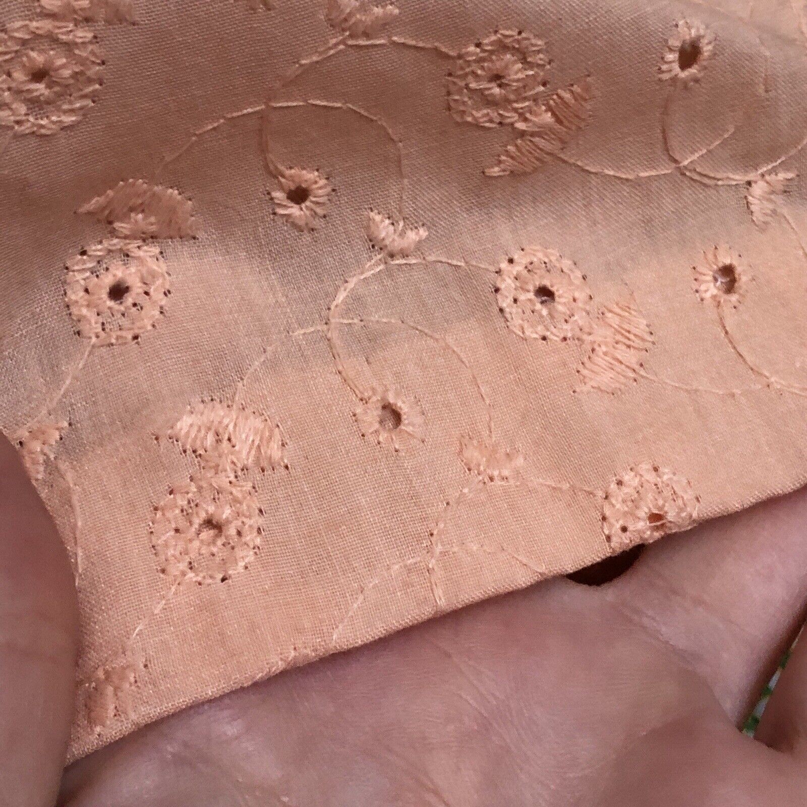 Vintage Eyelet Dress, 1980s Peach Cotton Cottagecore Dress, Off-Shoulder Size S