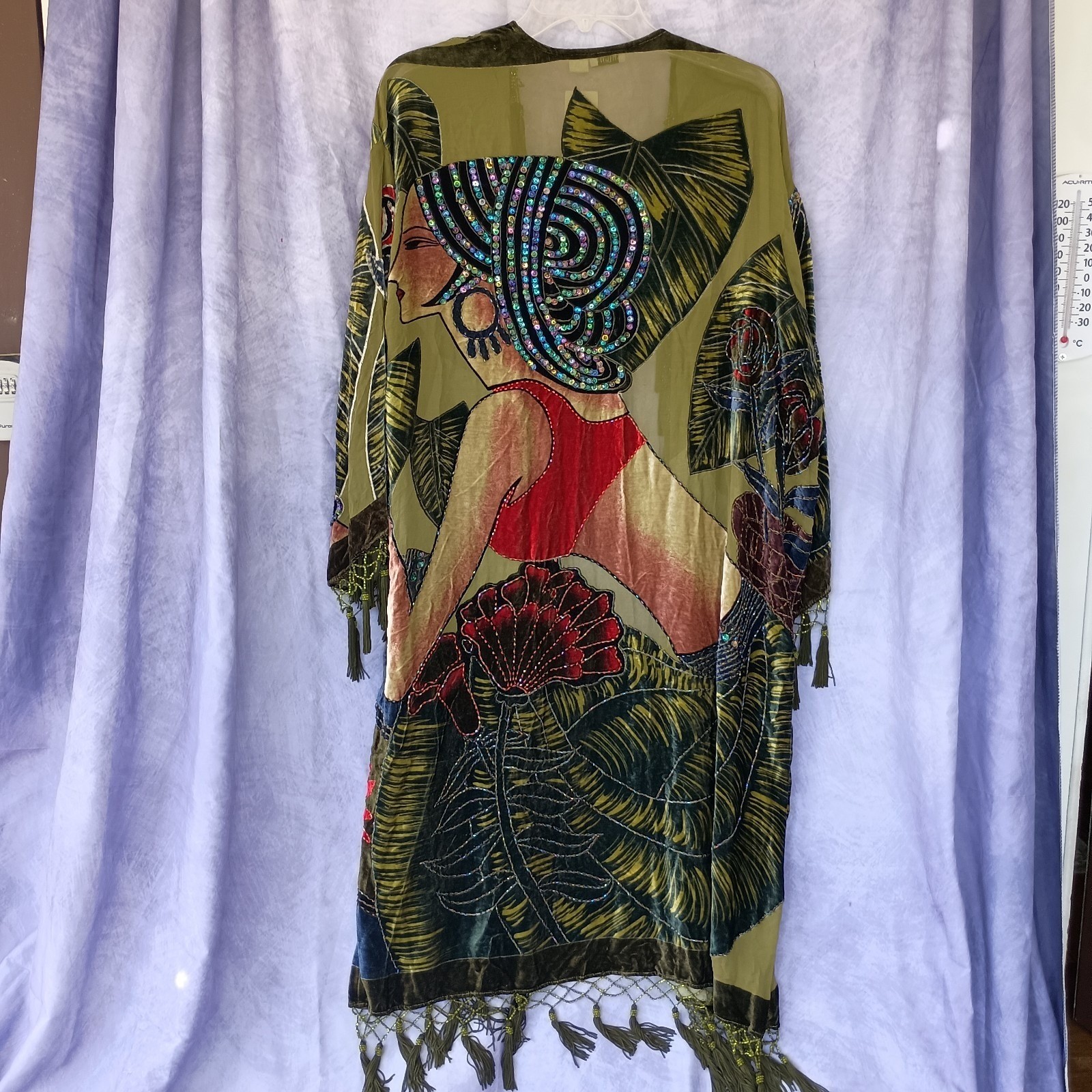 Chico’s Vintage Olive Silk Velvet Burnout Tassel Beaded Kimono