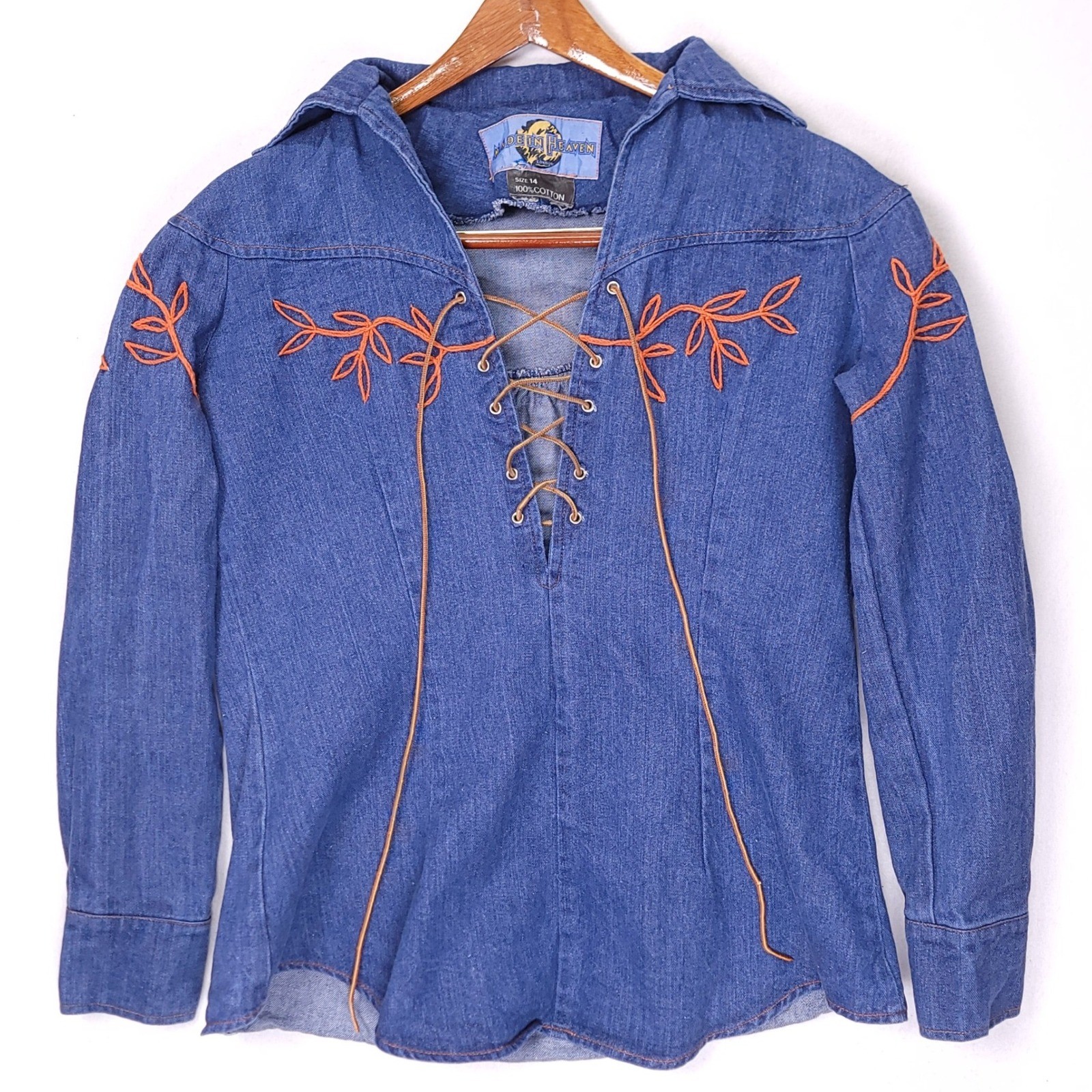Made In Heaven Vintage Denim Lace Up Embroidered Top Blue Orange Womens 14