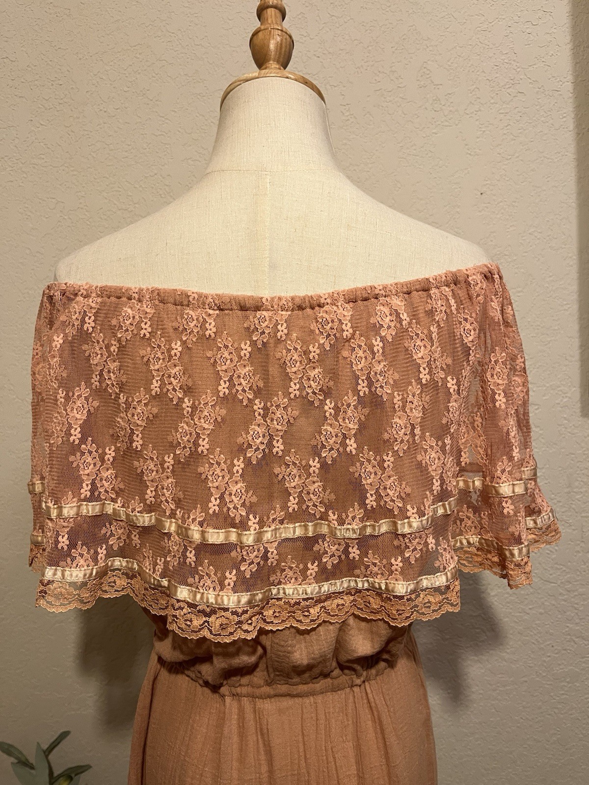 Vintage Young Edwardian Arpeja Peach Maxi Dress Gauze Lace Peasant Prairie Boho