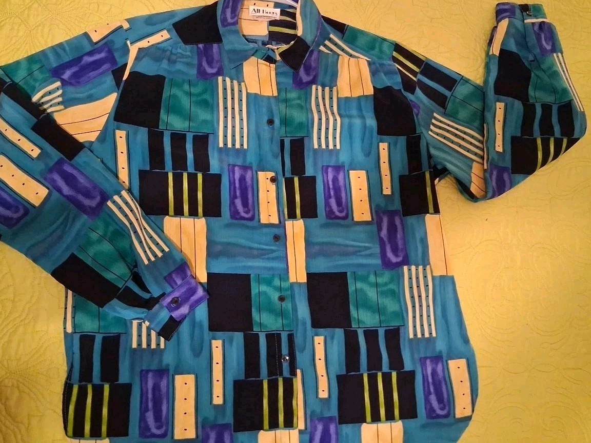 Vintage 80s All Hours Blue/Green/Yellow Long Sleeve Button Front Blouse Sz L