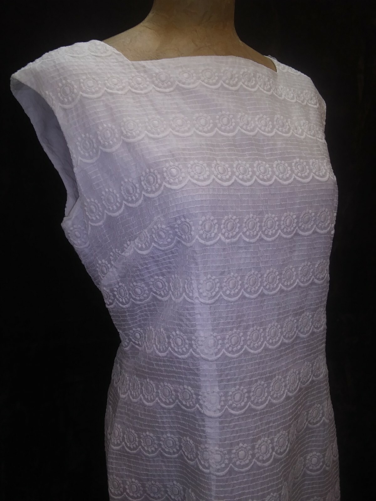 Vintage 1960’s White Embroidered Cotton Shift Sundress by Alice Size Medium