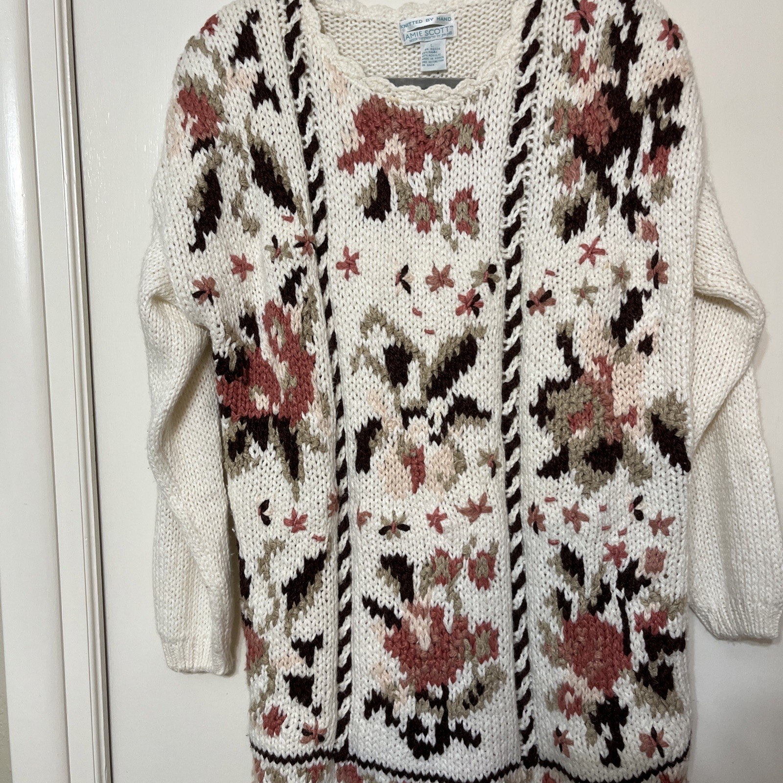 Vintage Women’s L Sweater Jamie Scott Soft Ivory Floral Drop Shoulder Cotton 80s